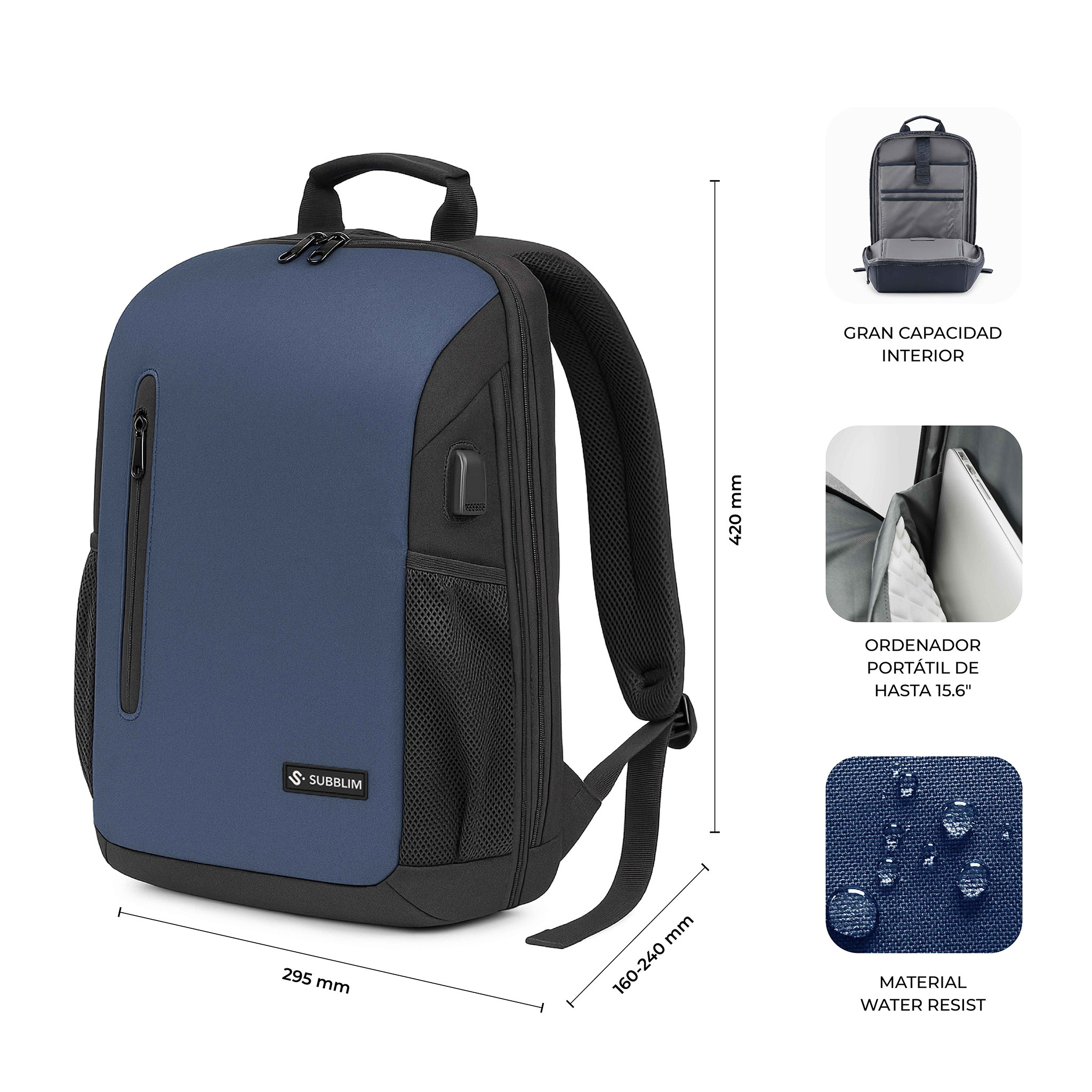 Uno zaino blu e nero con marchio SUBBLIM. Ha una porta USB, tasca laterale e le dimensioni sono indicate.