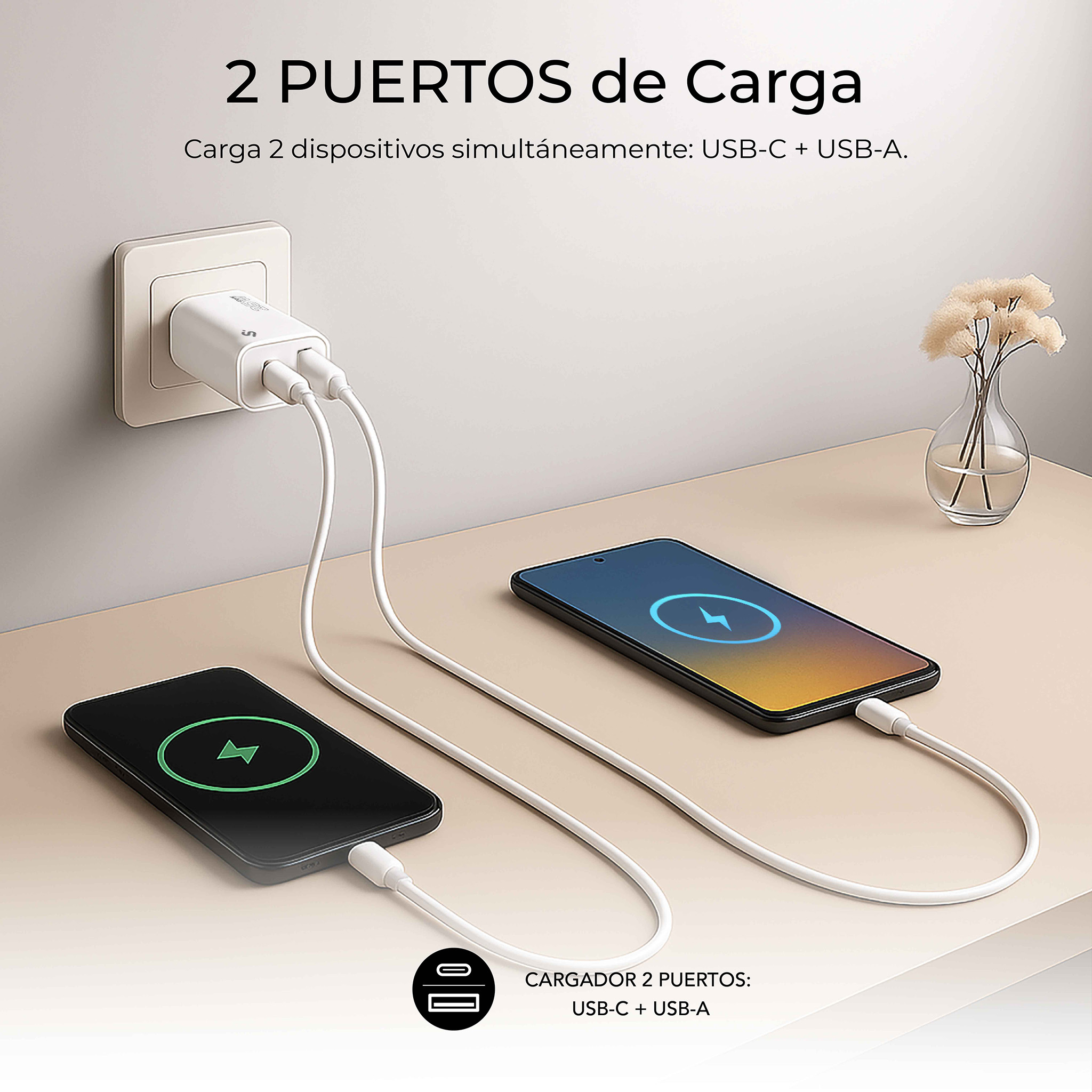 Dos teléfonos cargando con un cargador de doble puerto, USB-C y USB-A. Texto en la pared dice '2 Puertos de Carga'.