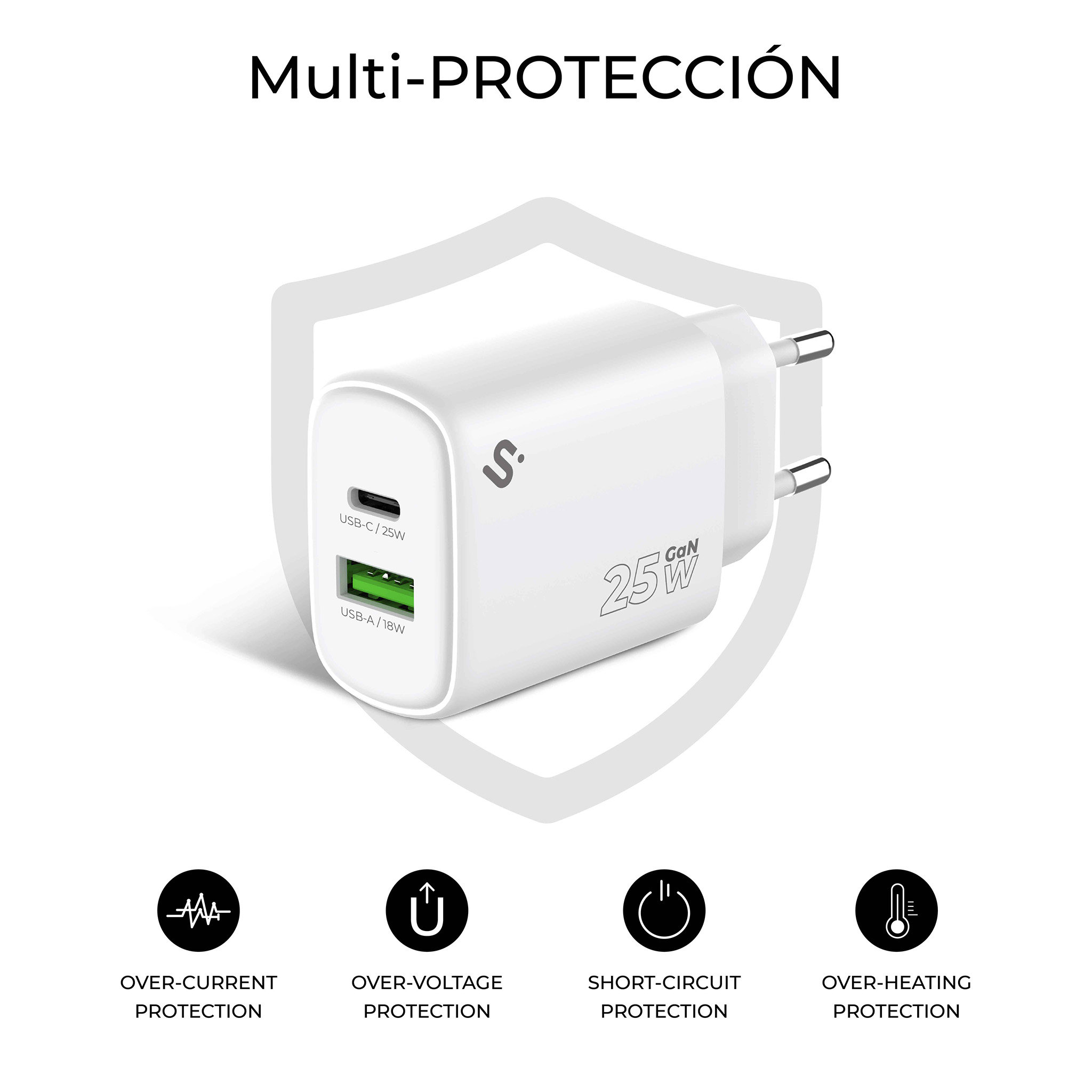 Cargador blanco con puertos USB, etiquetado '25W' e iconos de protección. El texto dice 'Multi-PROTECCIÓN'.