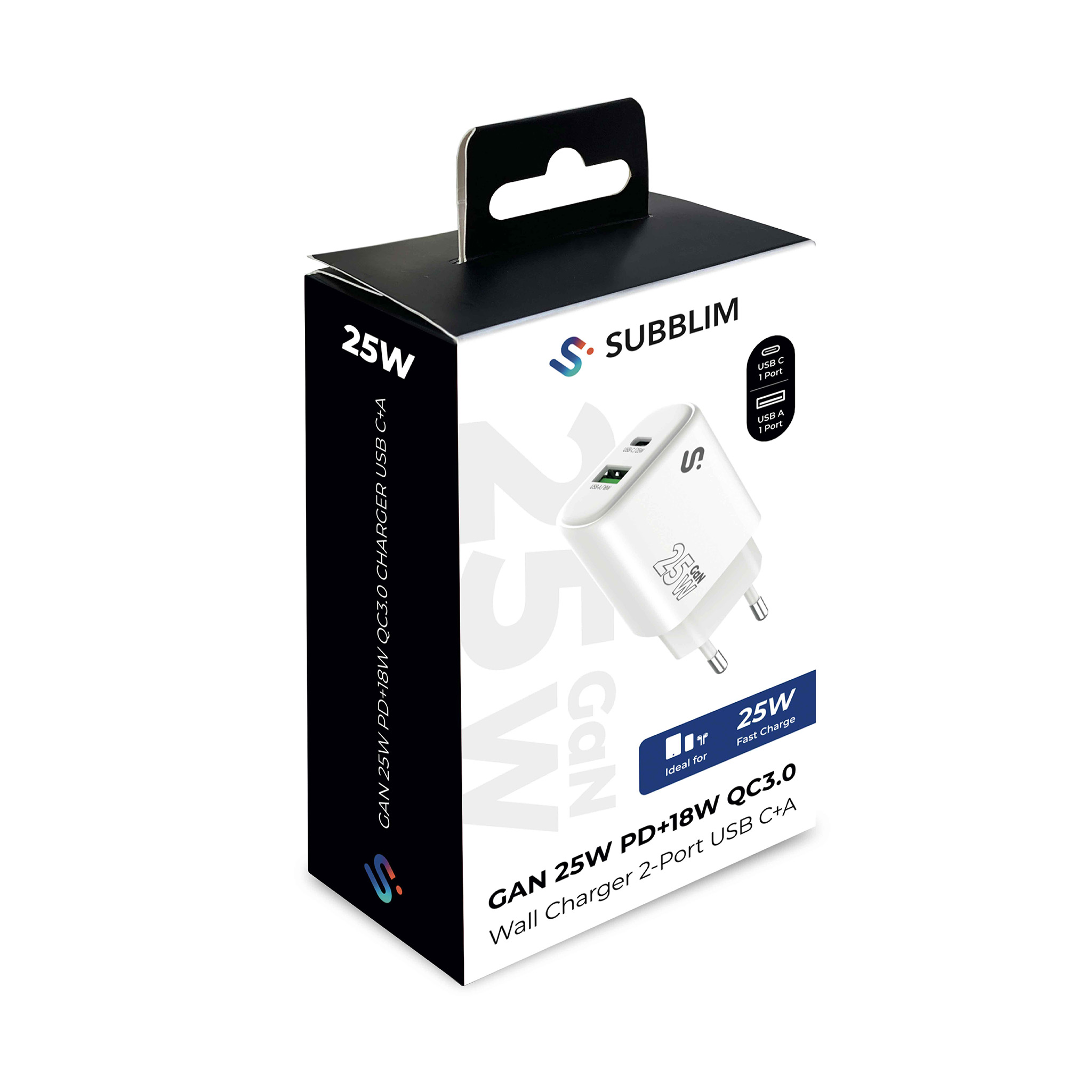 Una caja blanca y negra. Muestra un cargador dentro. La caja dice '25W' y 'GAN 25W PD+18W QC3.0'.