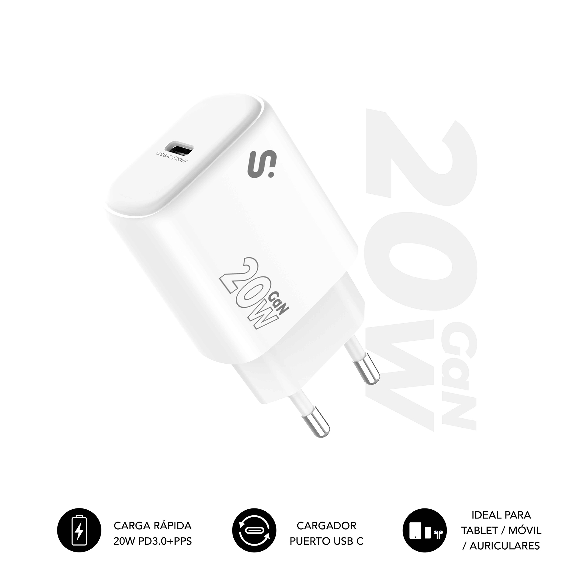 Cargador GaN blanco de 20W con puerto USB-C. Texto incluye 'CARGA RÁPIDA' e 'IDEAL PARA TABLET / MÓVIL'.