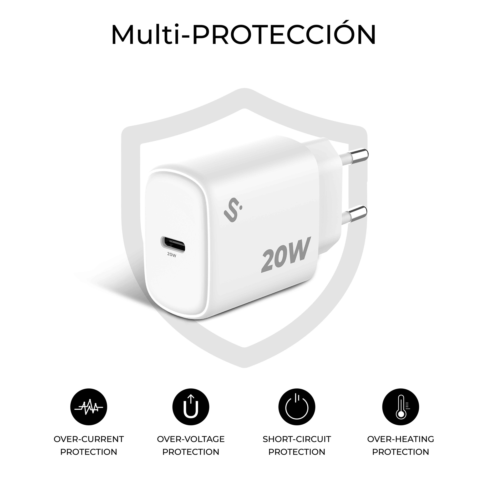 Cargador blanco con 20W, gráfico de escudo e iconos de tipos de protección: sobrecorriente, sobretensión, cortocircuito y sobrecalentamiento.