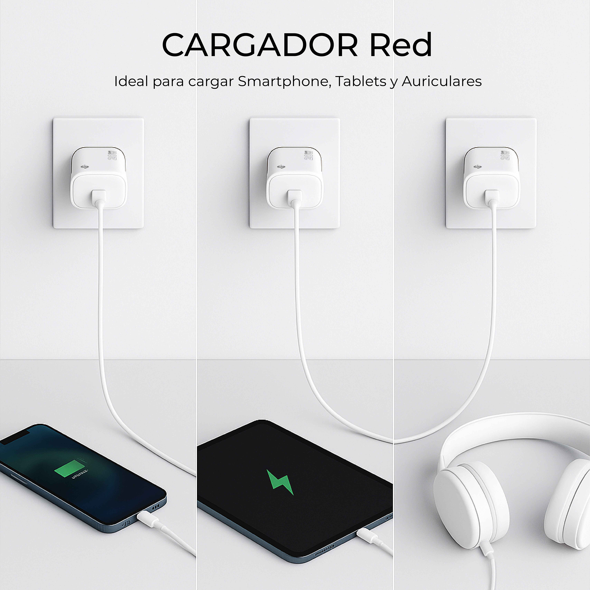 La imagen muestra cargadores cargando un teléfono, una tableta y auriculares. Todos son blancos con cables blancos. El texto dice 'CARGADOR Red'.