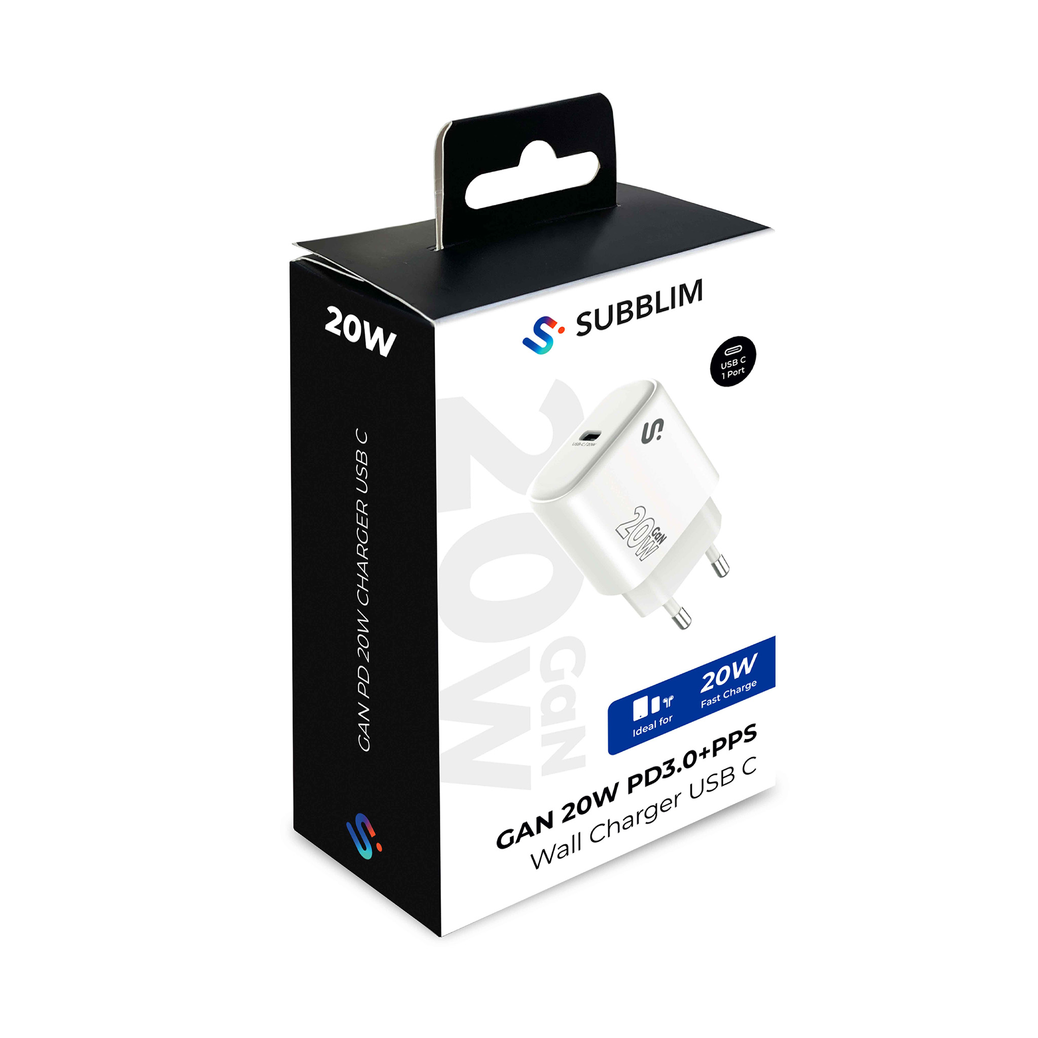 Un cargador de caja blanco y negro con 20W, USB-C. La marca es Subblim.
