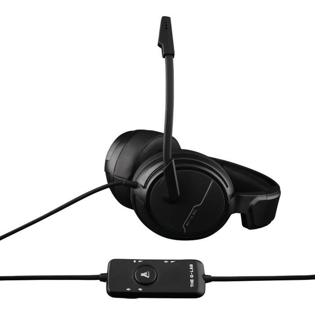 Czarne słuchawki z mikrofonem, kontrolerem i kablem. Logo G-LAB jest widoczne na kontrolerze.