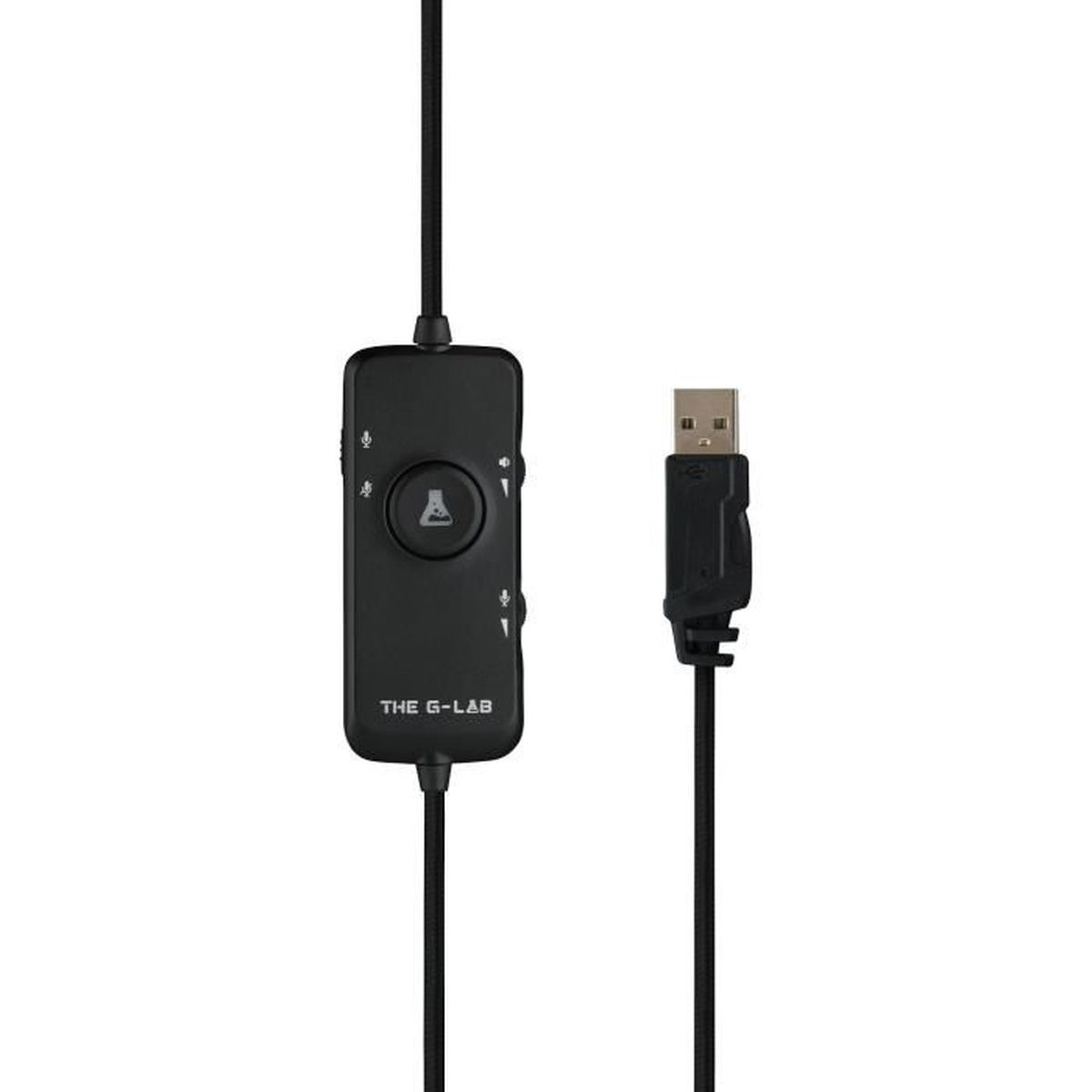 Czarny panel sterowania zestawu słuchawkowego dla graczy z ikoną mikrofonu i regulacją głośności oraz złączem USB na czarnym kablu.