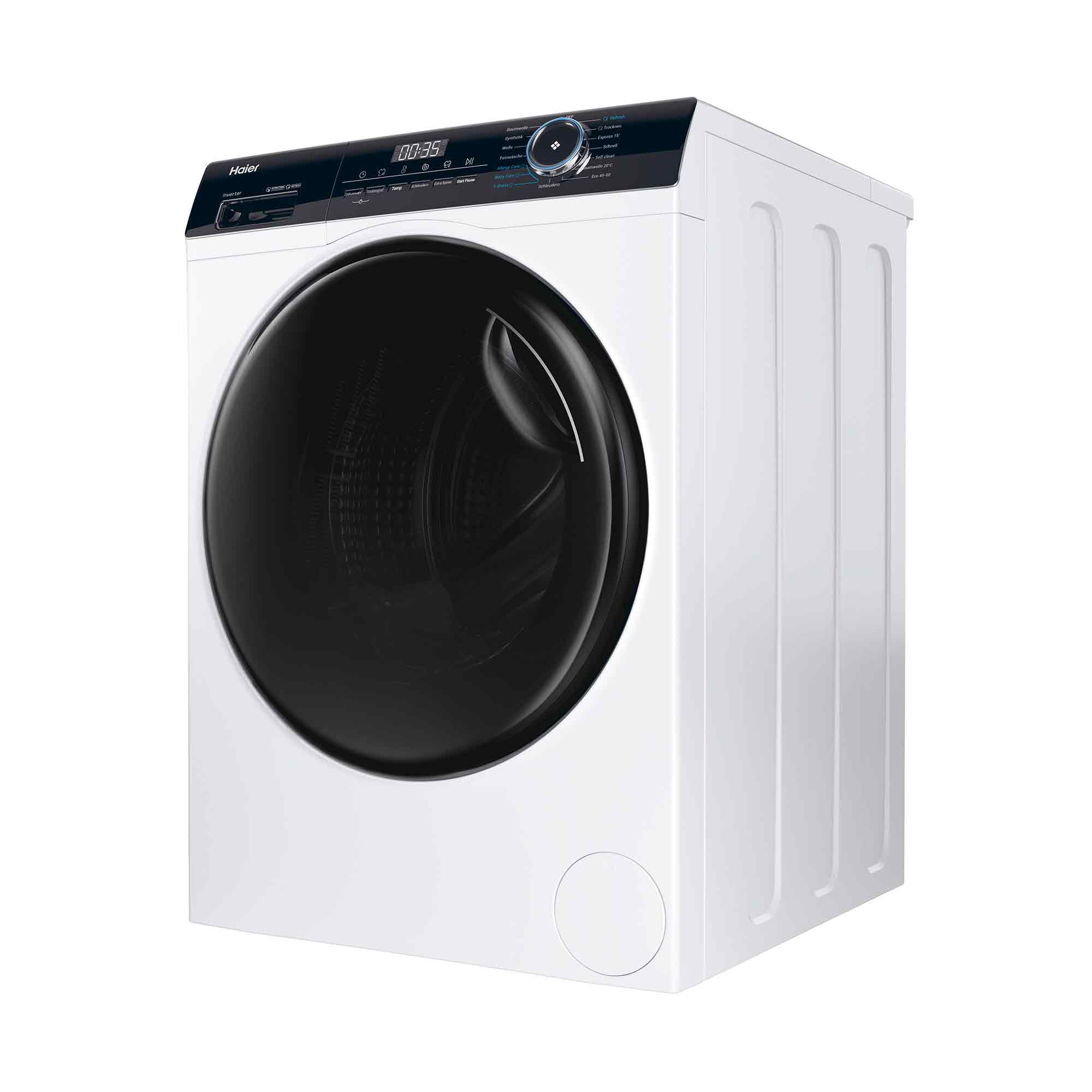 Eine weiße Haier Waschmaschine mit schwarzer Tür und Bedienfeld zeigt einen Timer an.