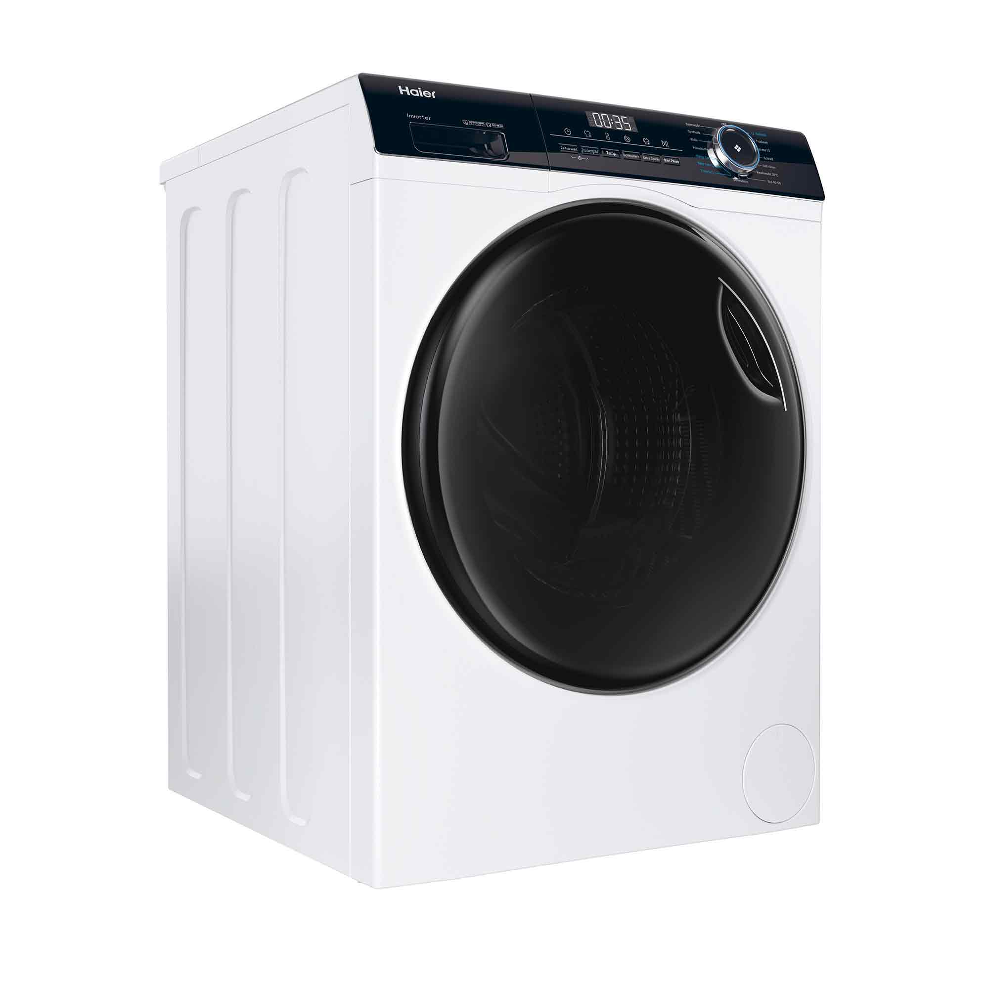 Eine weiße Haier Waschmaschine mit schwarzer Tür und Bedienfeld. Es hat eine Digitalanzeige mit 00:35.