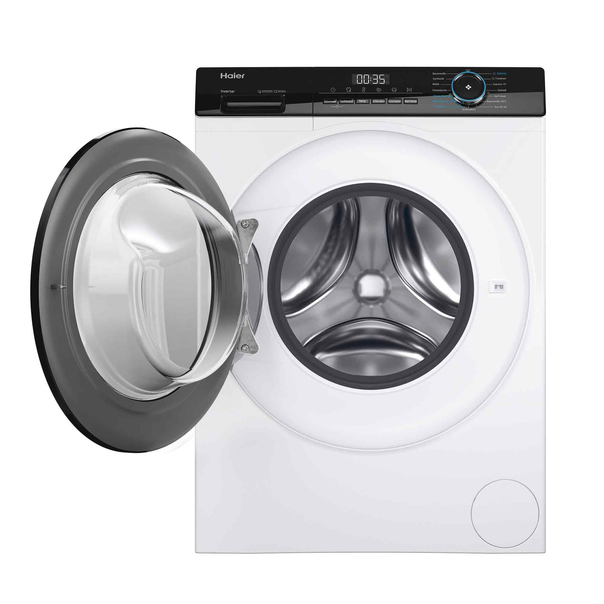 Eine Haier Waschmaschine mit offener Tür. Das Display zeigt 00:35. Die Maschine ist weiß und grau.