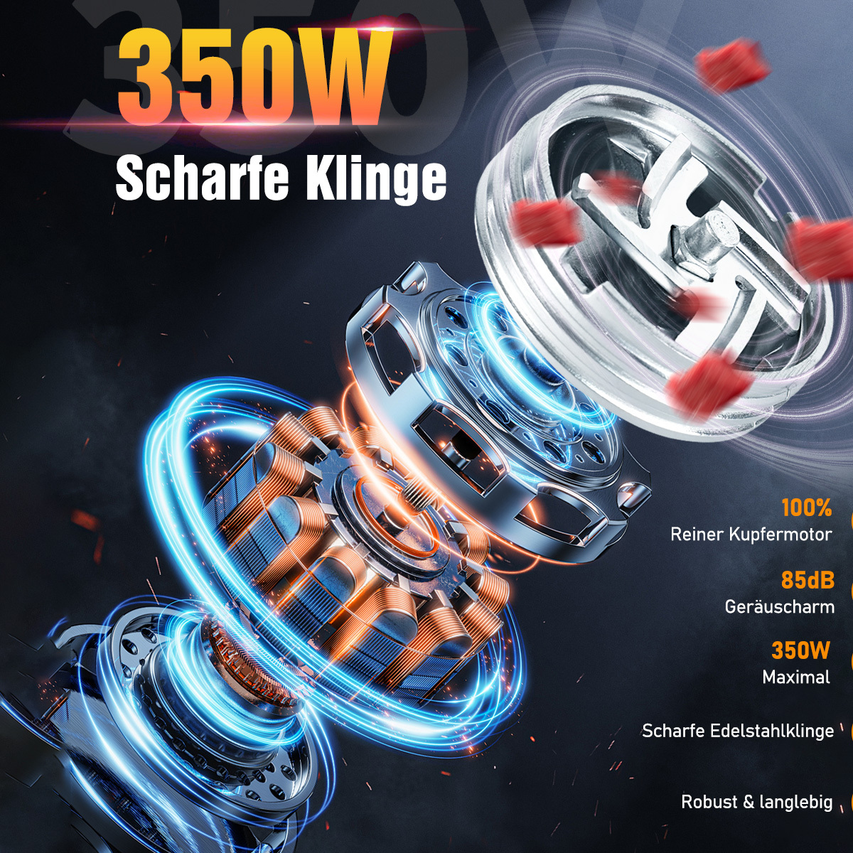 Explosionszeichnung eines Küchengeräts, die Motor und Klinge zeigt. Es hebt Leistung und Funktionen hervor, mit Text an der Seite.