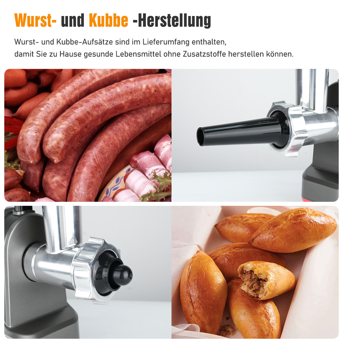 Ein Bild mit Würstchen, Fleischwolf und Backwaren. Der obere Teil zeigt Würstchen und einen Fleischwolf. Der untere Teil zeigt Backwaren.