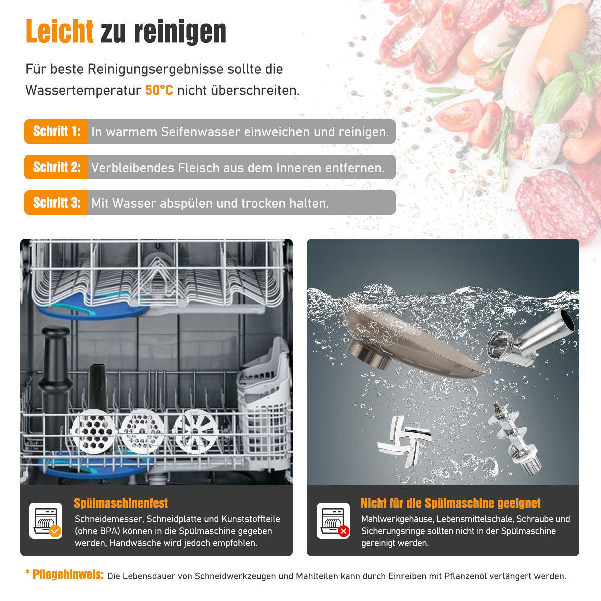 Das Bild zeigt Reinigungsanweisungen für einen Food Processor. Teile werden in einer Spülmaschine und in Wasser gezeigt. Text auf Deutsch.