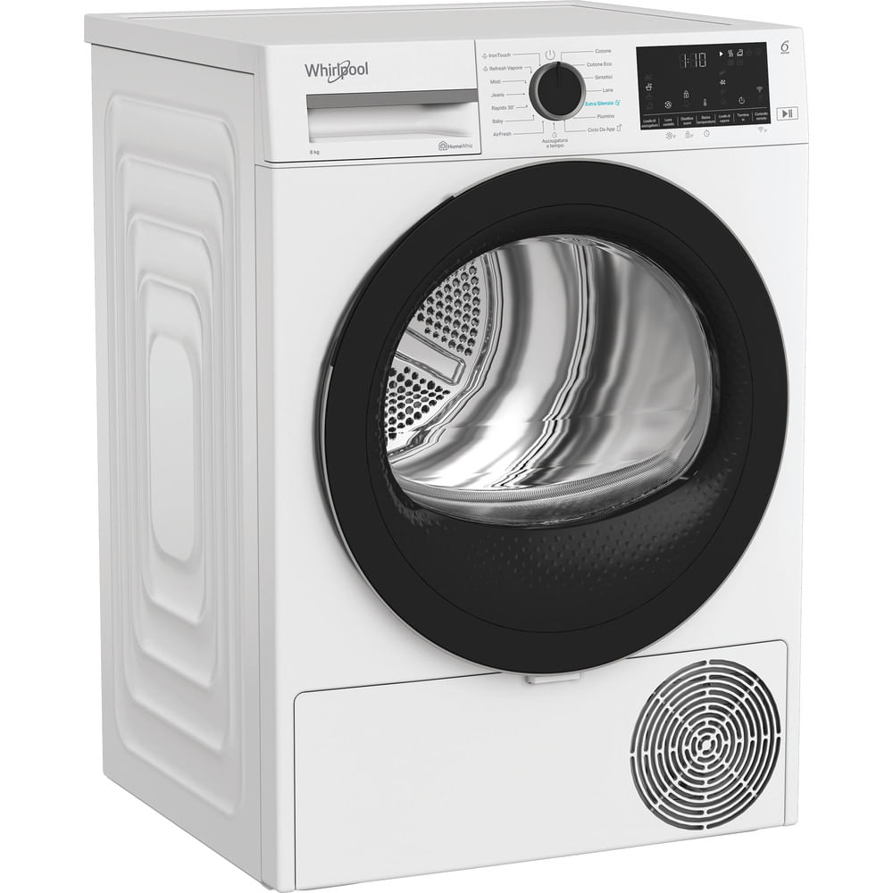 Un'asciugatrice Whirlpool bianca con porta nera e pannello comandi. Il cestello è visibile. Una presa d'aria è in basso.