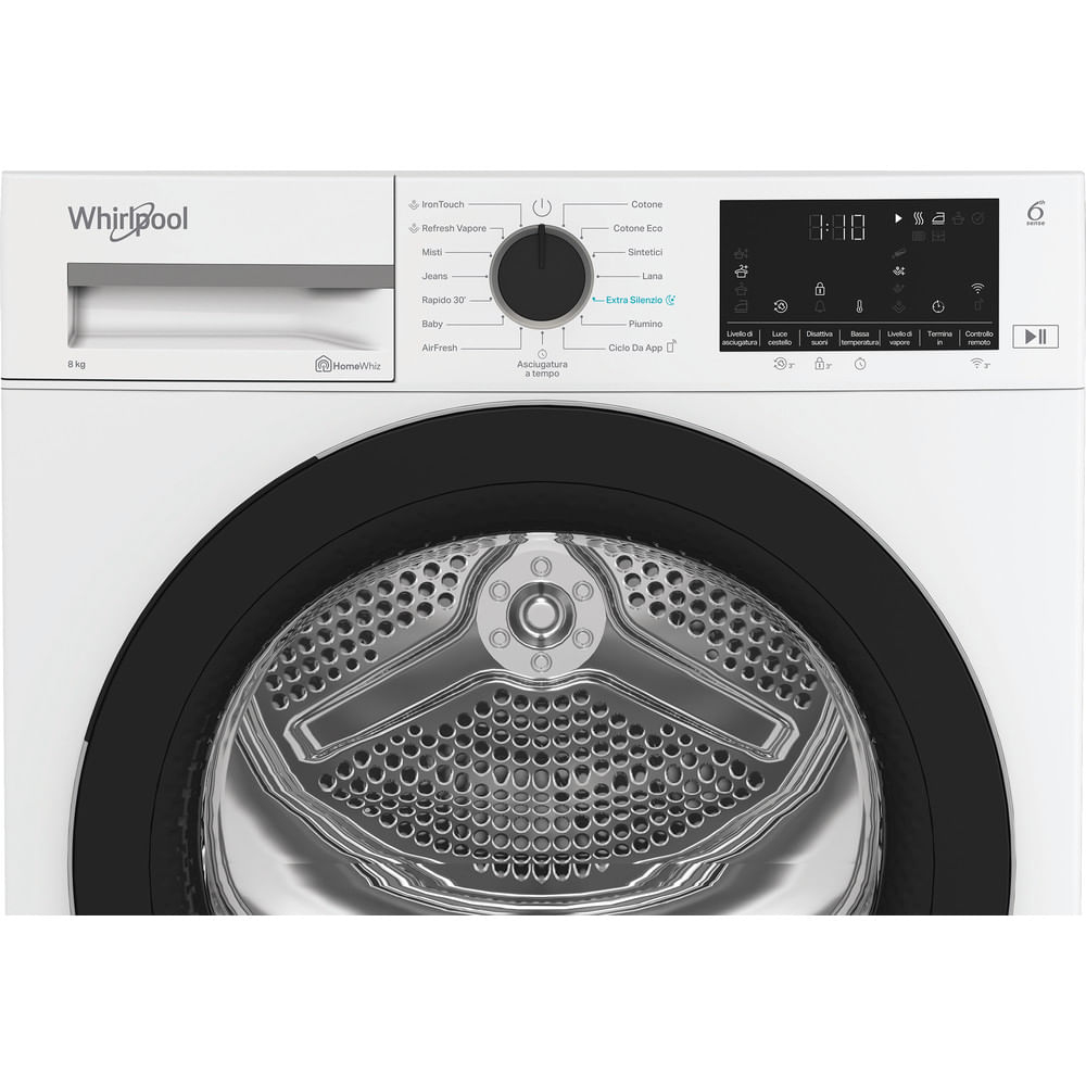 Asciugatrice Whirlpool bianca con porta nera. Caratteristiche pannello di controllo con varie impostazioni e display digitale. Include un quadrante per programmi.