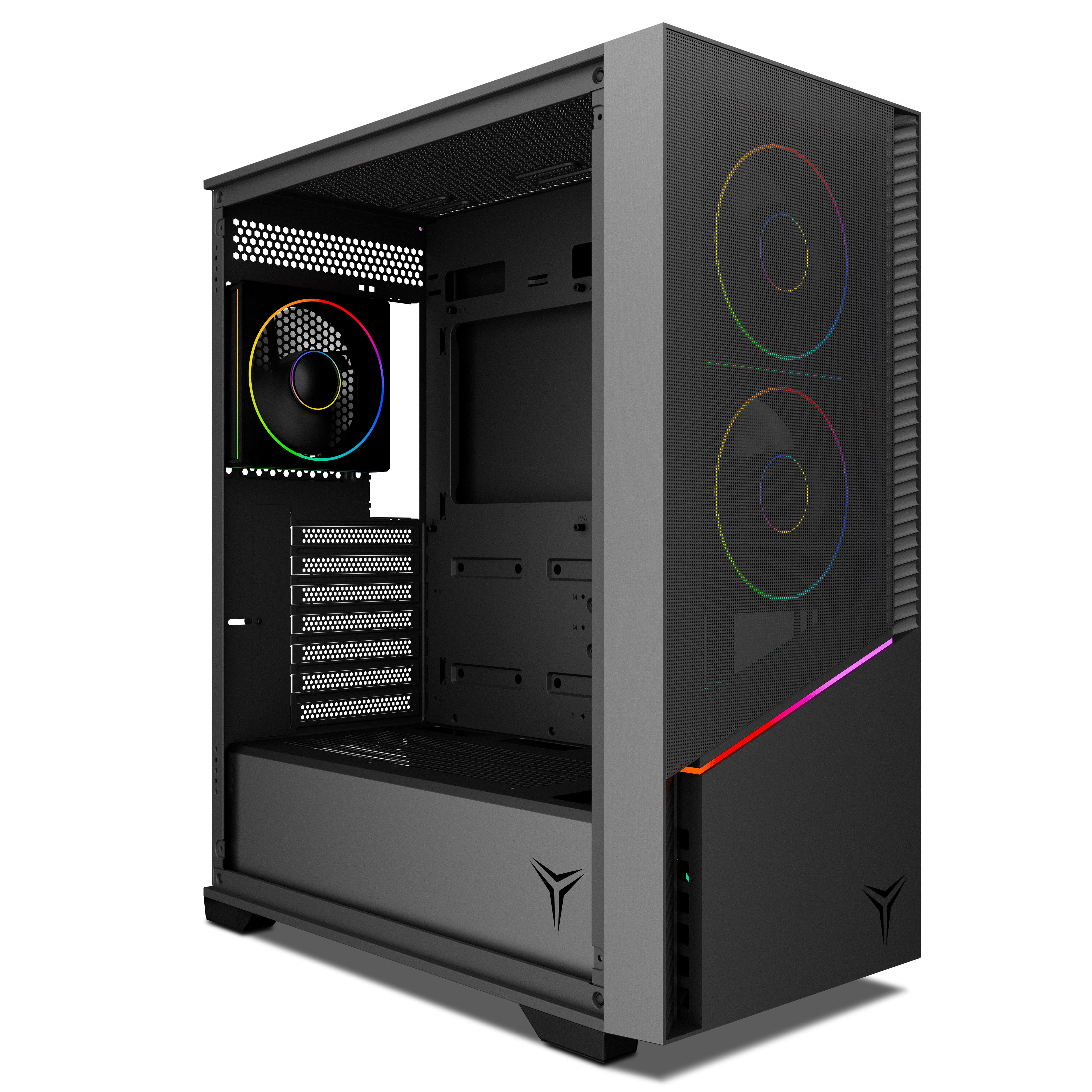 Un case per computer nero e grigio con una ventola illuminata con arcobaleno. Il case ha un frontale ventilato e un pannello laterale.