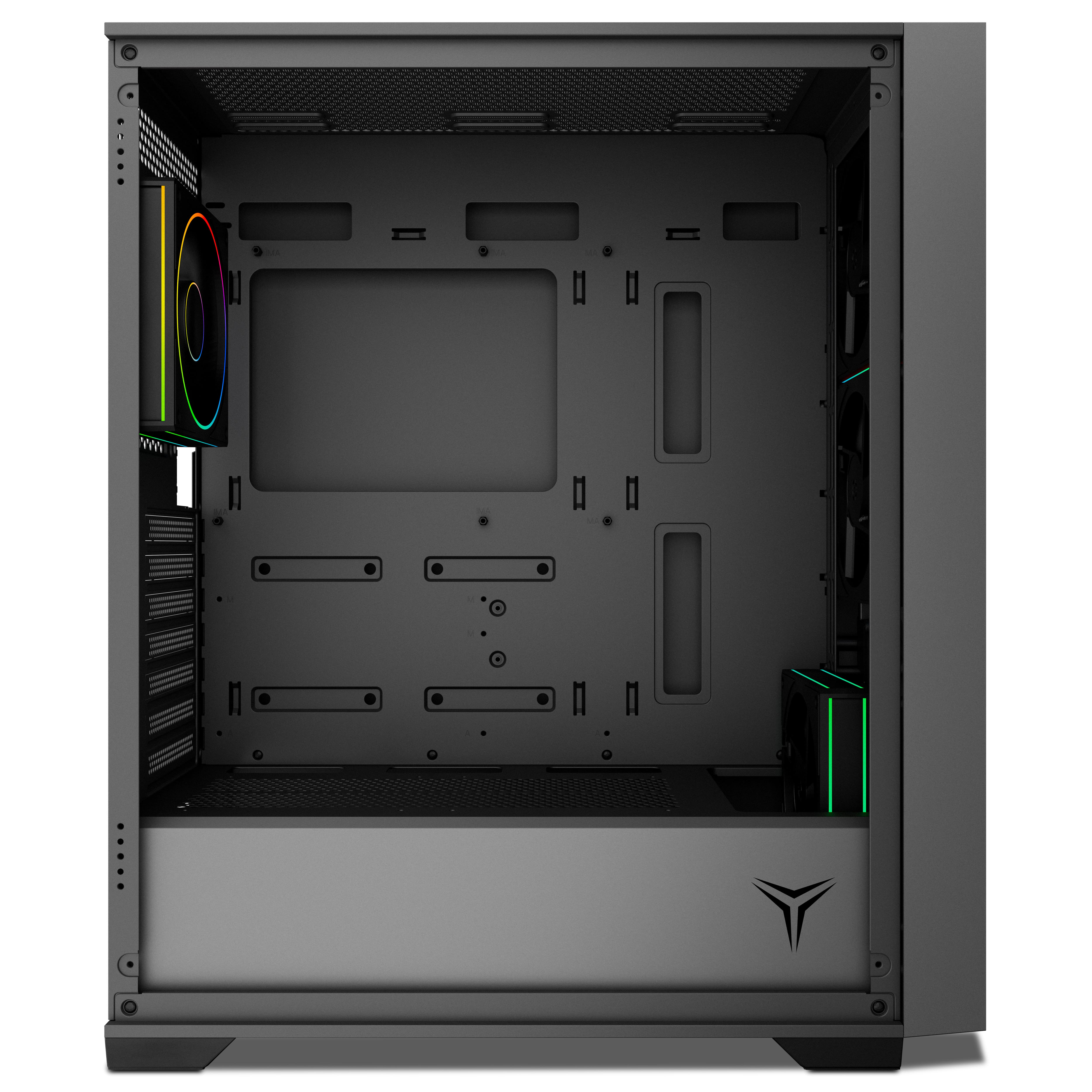 Interno di un case per computer nero e grigio. Presenta ventole con luci arcobaleno e un logo.