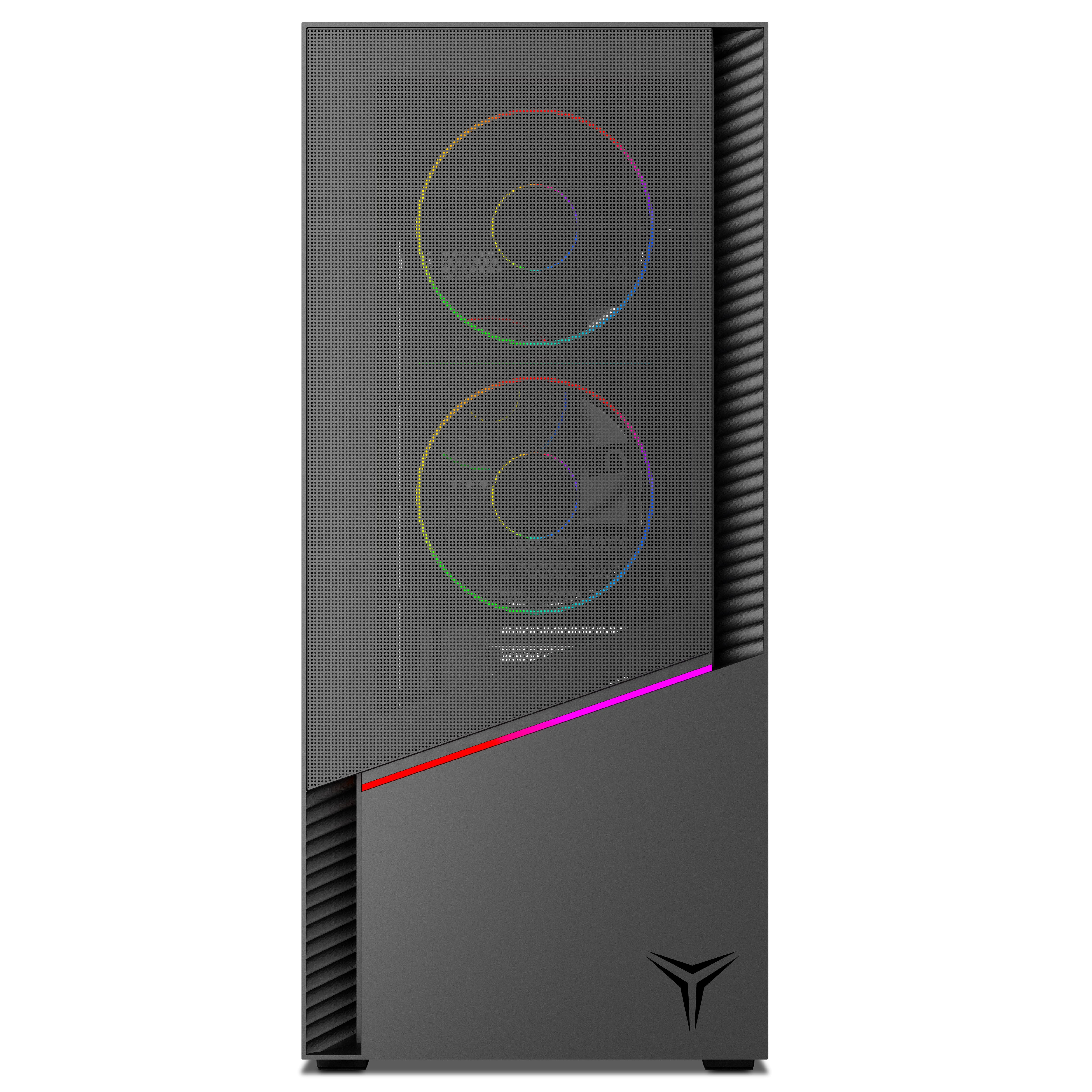 Un case per computer nero con frontale forato, due luci colorate per ventole e un logo in basso.