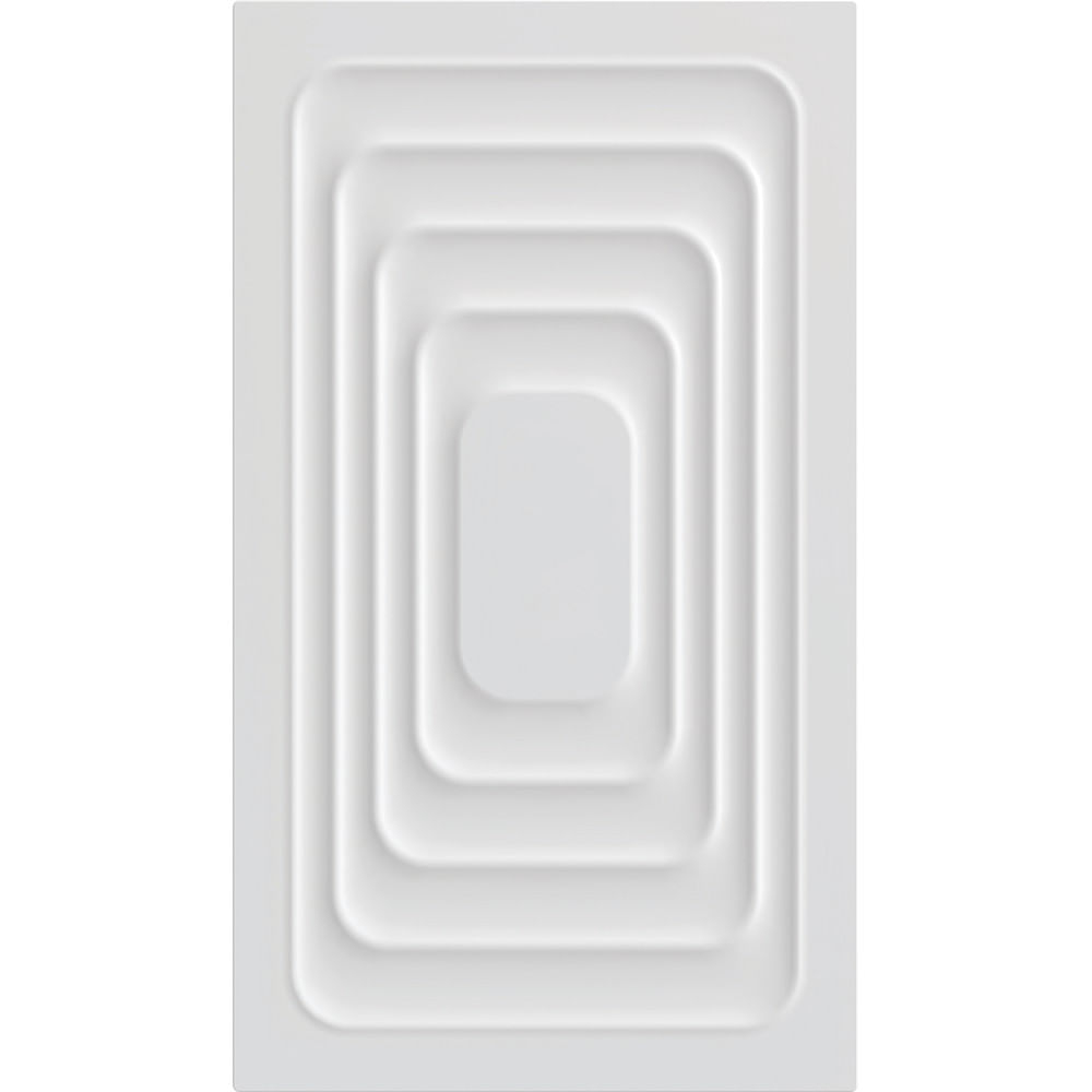 Un design rettangolare bianco con rettangoli concentrici incassati. Il rettangolo più interno è rialzato. Tutti i bordi sono arrotondati.