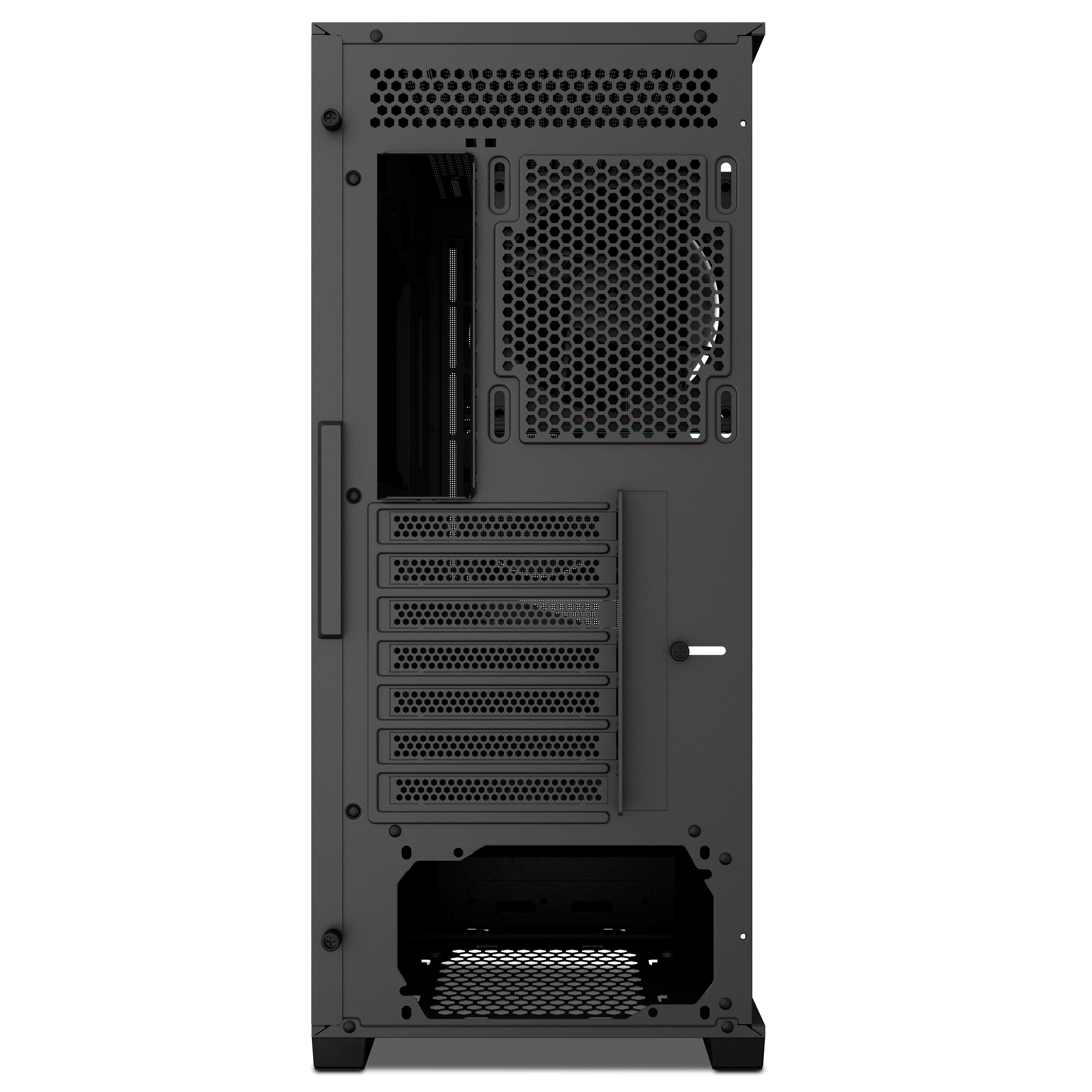 Vista posteriore di un case per computer nero. Ha varie aperture per componenti e un pannello a rete.