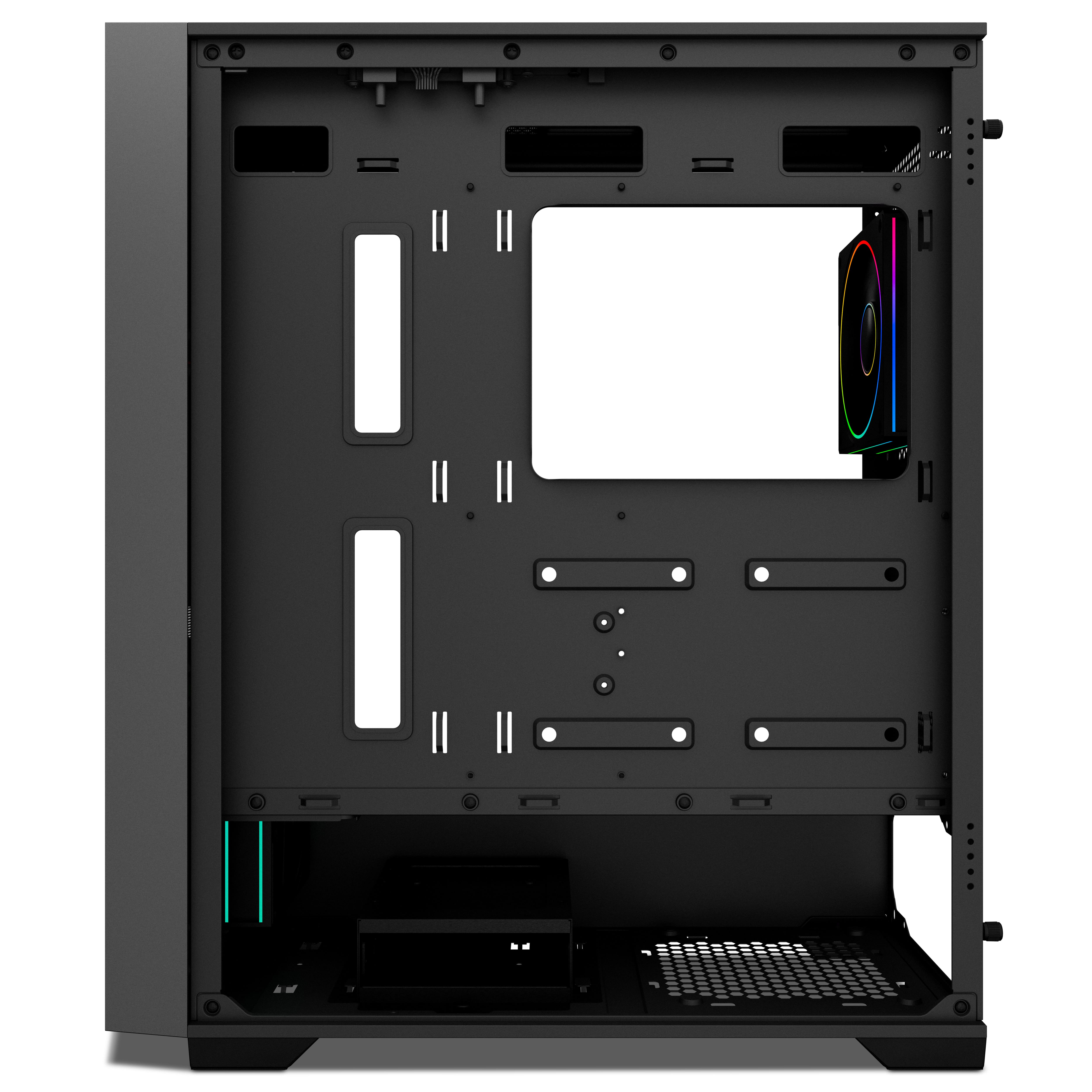 Vista interna di un case per computer. Nero con aperture per i componenti. È visibile una ventola con illuminazione RGB.