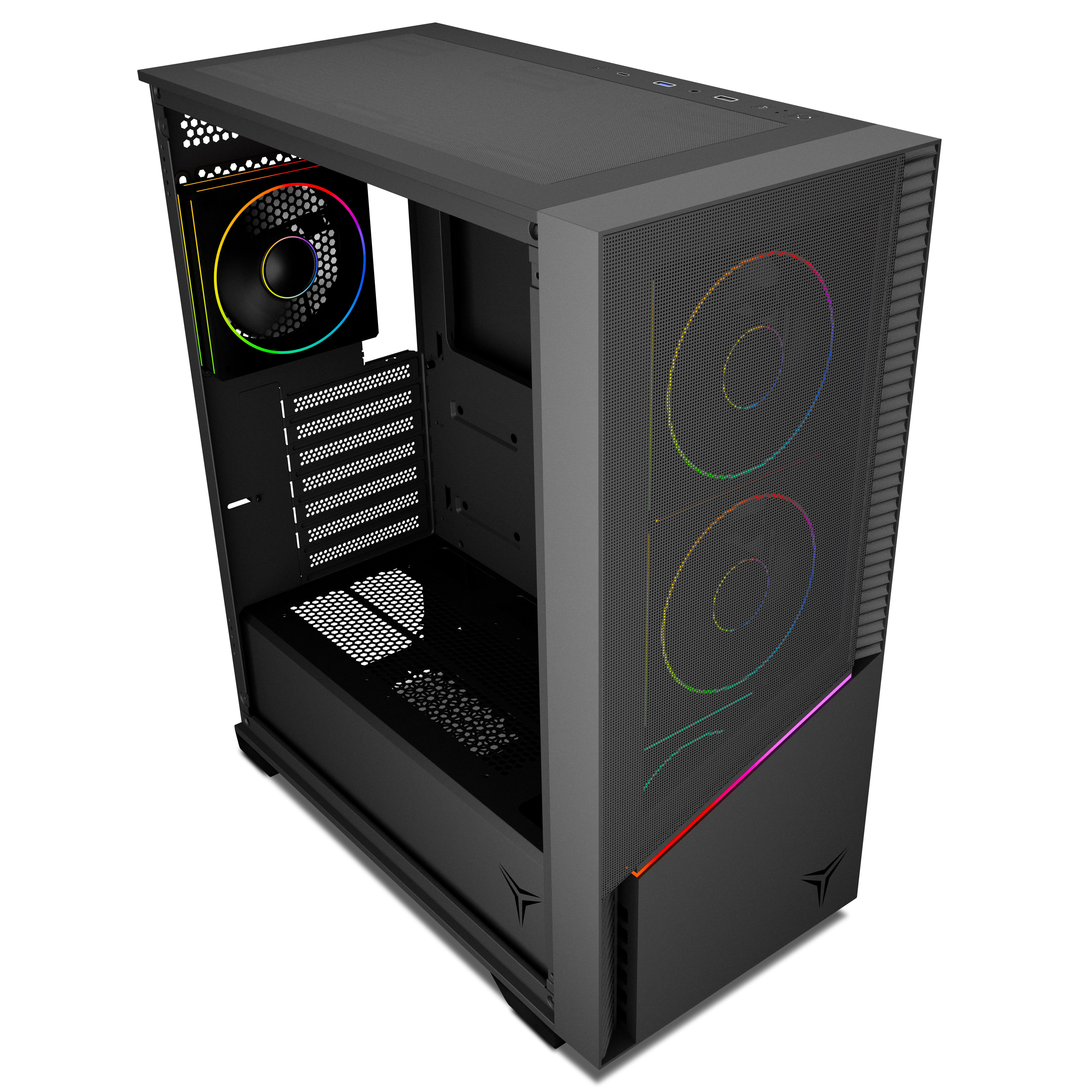Case per computer nero con ventola arcobaleno. Ha prese d'aria e un pulsante di accensione.