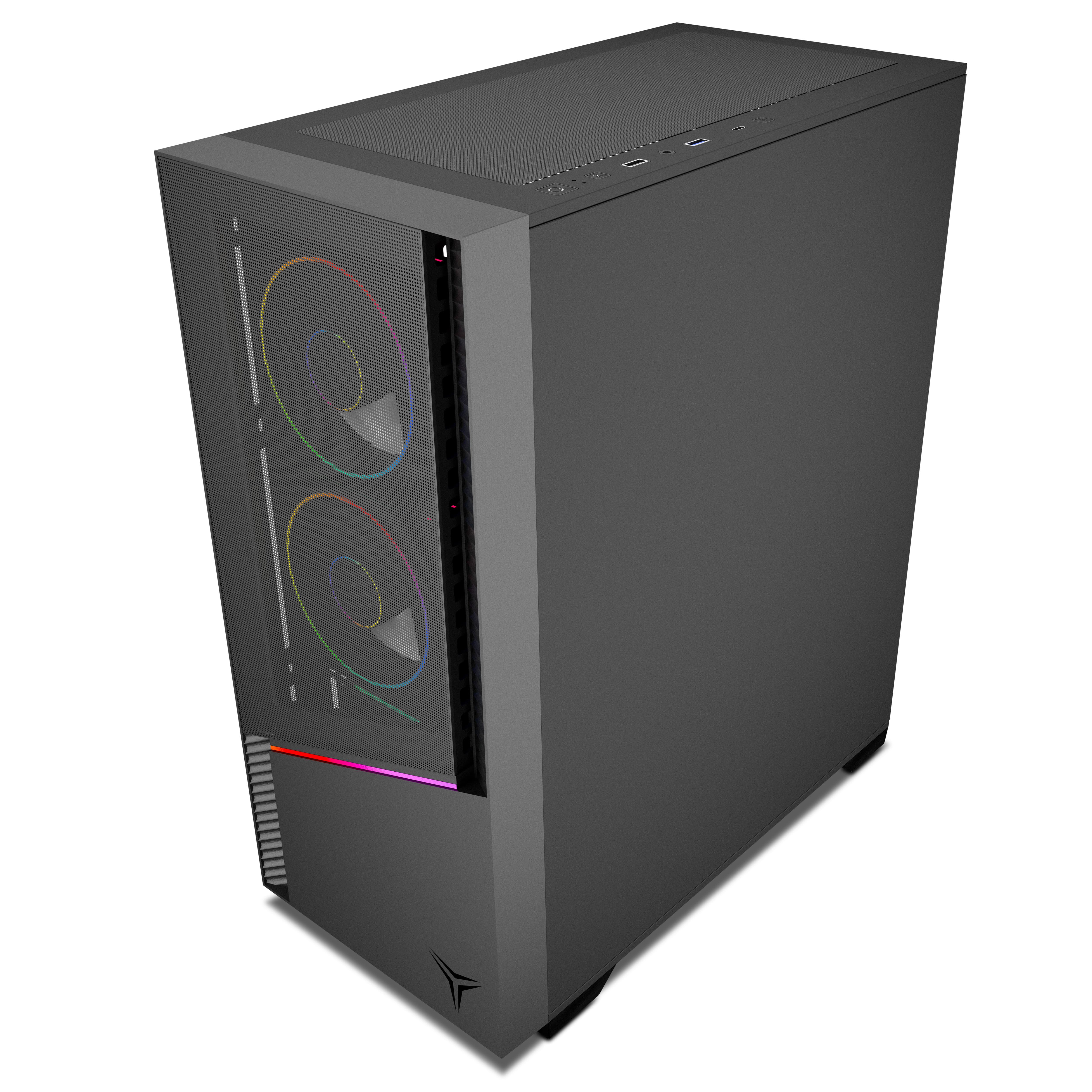 Un case per computer grigio scuro con una parte anteriore a rete, che mostra due ventole con luci arcobaleno. Il case è su sfondo bianco.