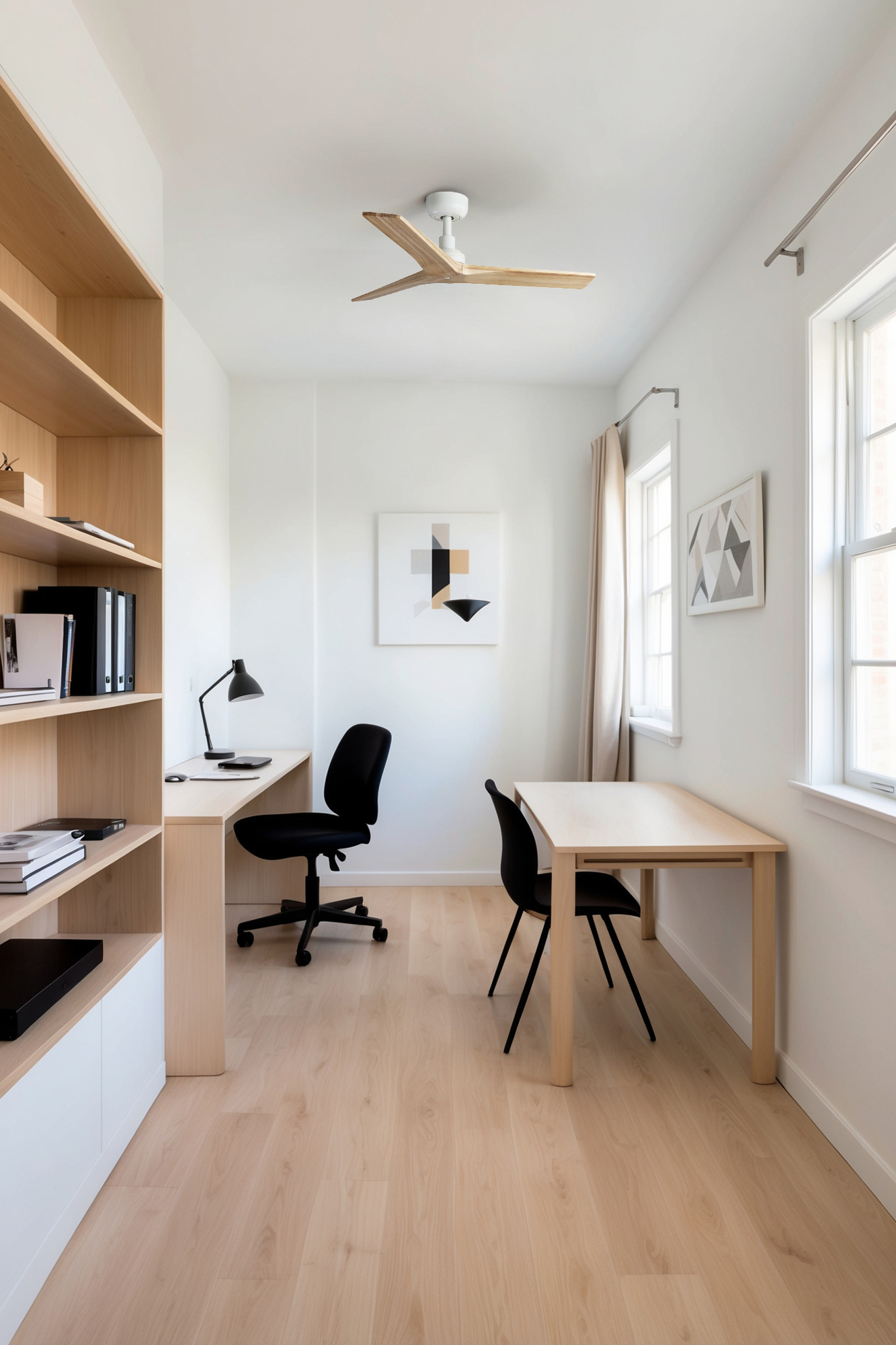 Modernes Büro mit Schreibtisch, schwarzem Stuhl und Holztisch. Weiße Wände, Holzboden. Deckenventilator und Kunst vorhanden.