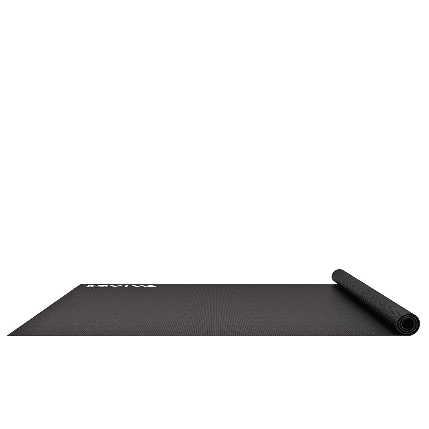 Eine schwarze Yogamatte ist teilweise auf weißem Hintergrund aufgerollt. Die Matte hat eine strukturierte Oberfläche und den Markennamen 'ESVIVA'.