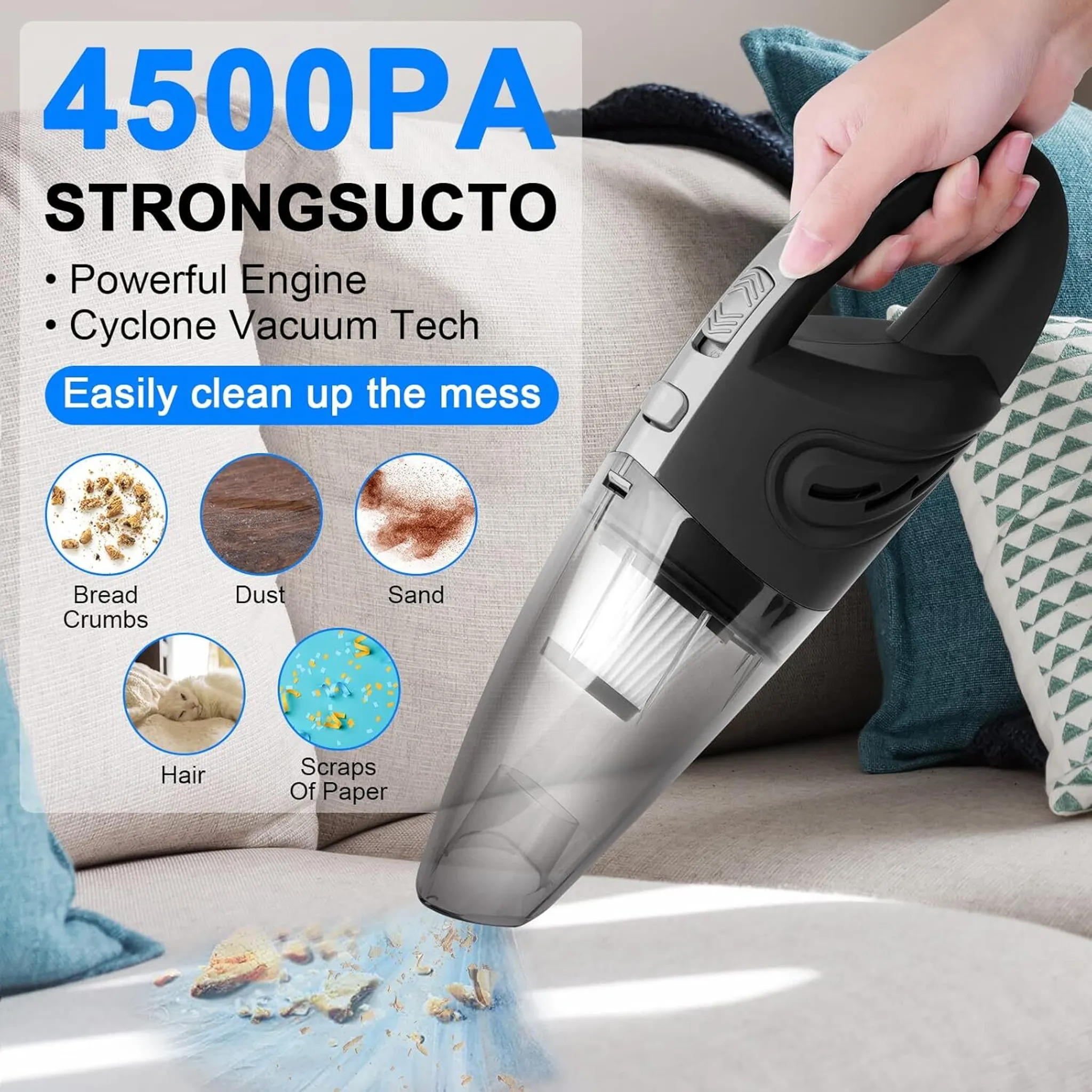 Ein Handstaubsauger wird über einem Sofa gehalten. Die Anzeige zeigt Brot, Staub, Sand, Haare und Papierschnipsel als Beispiele.