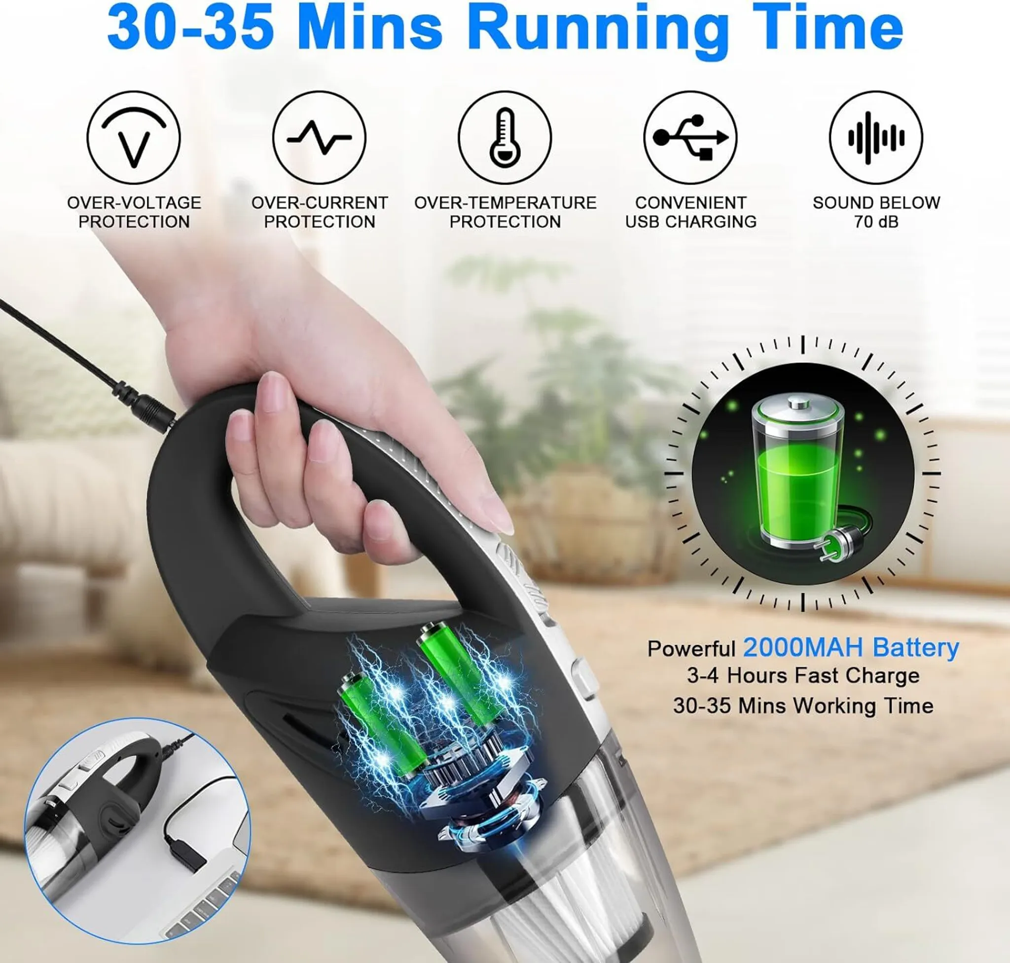 Eine Hand hält einen schwarzen Staubsauger, der geladen wird. Infografiken zeigen Batterie-, Lade- und Schutzfunktionen.