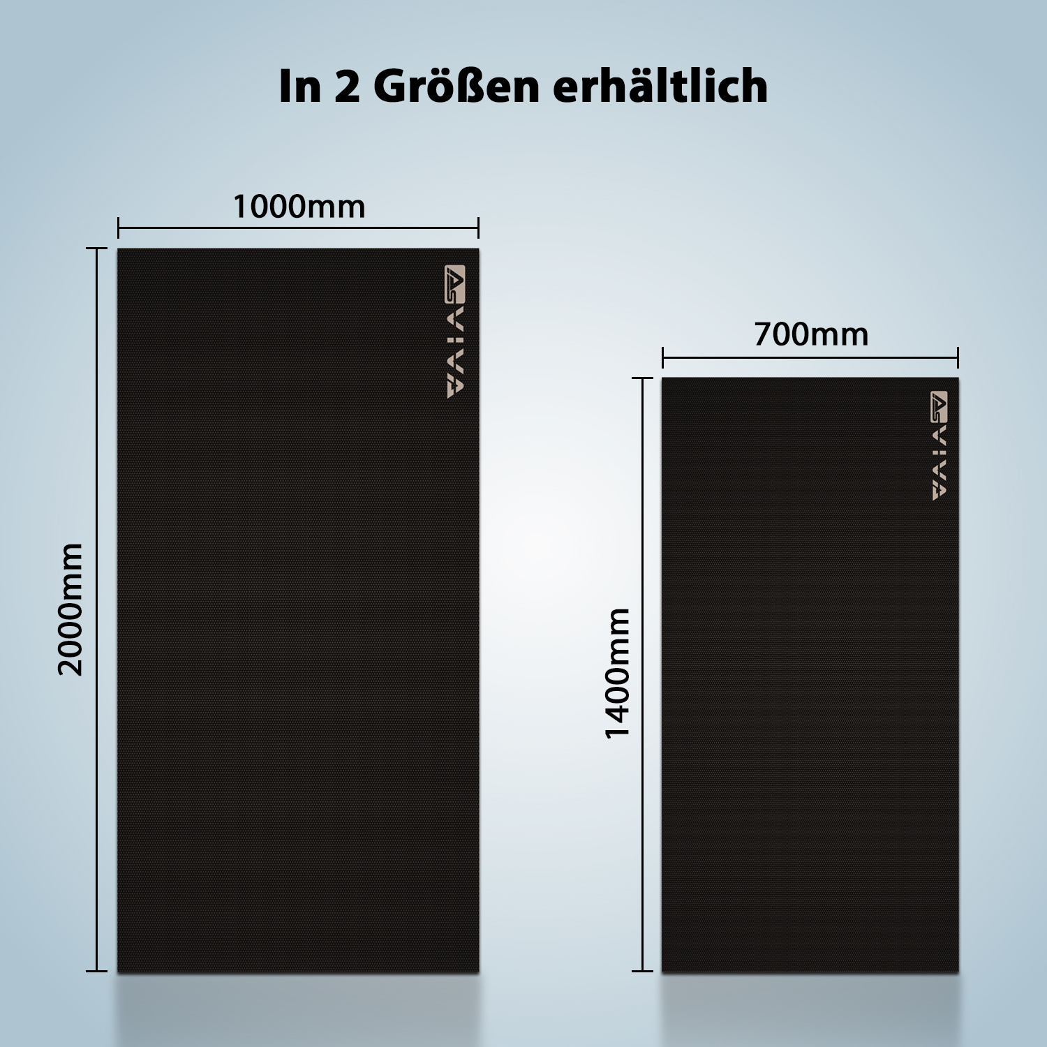 Zwei schwarze Matten mit Größenangaben. Die größere ist 2000mm x 1000mm, die kleinere 1400mm x 700mm. Text: In 2 Größen erhältlich.
