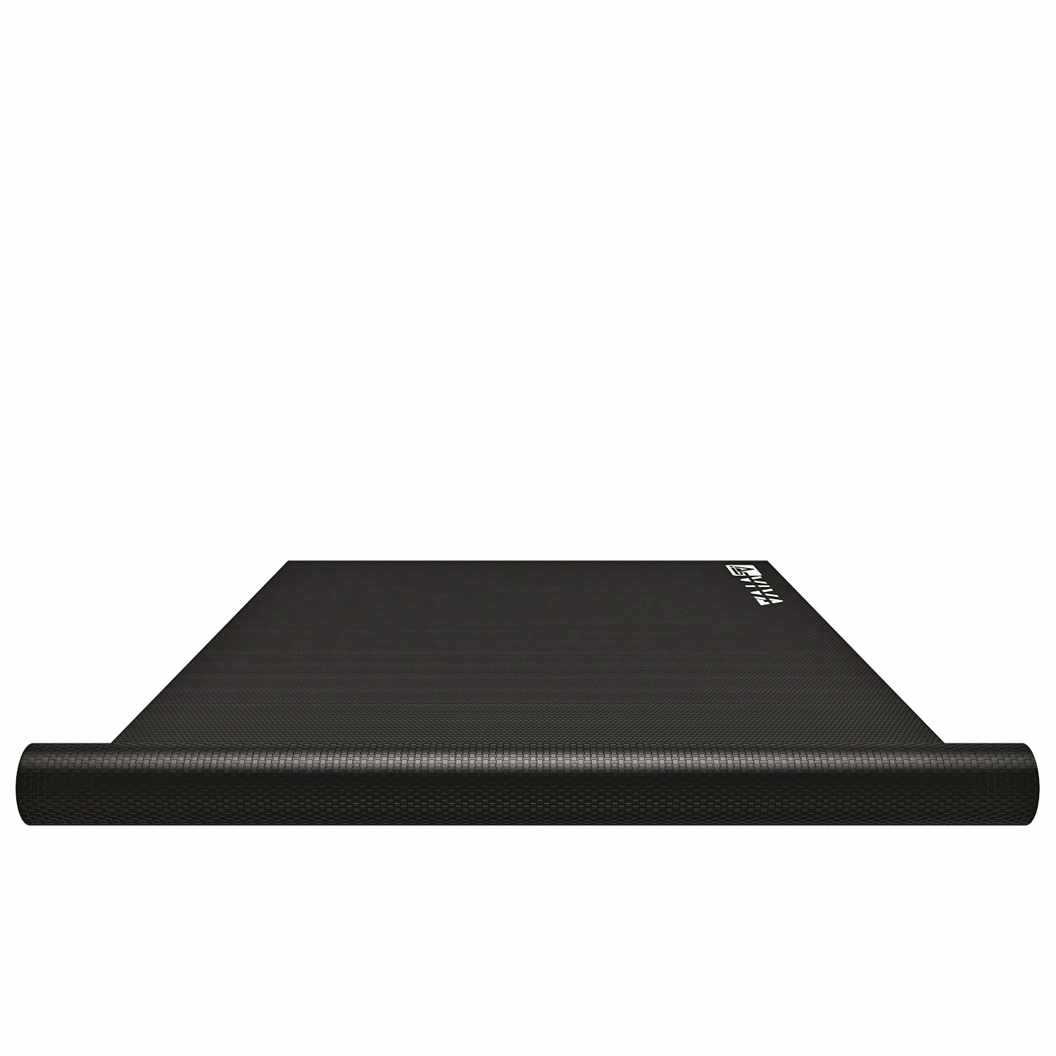 Eine schwarze Yogamatte ist teilweise aufgerollt. Die Matte ist strukturiert, der Markenname ist sichtbar. Der Hintergrund ist weiß.