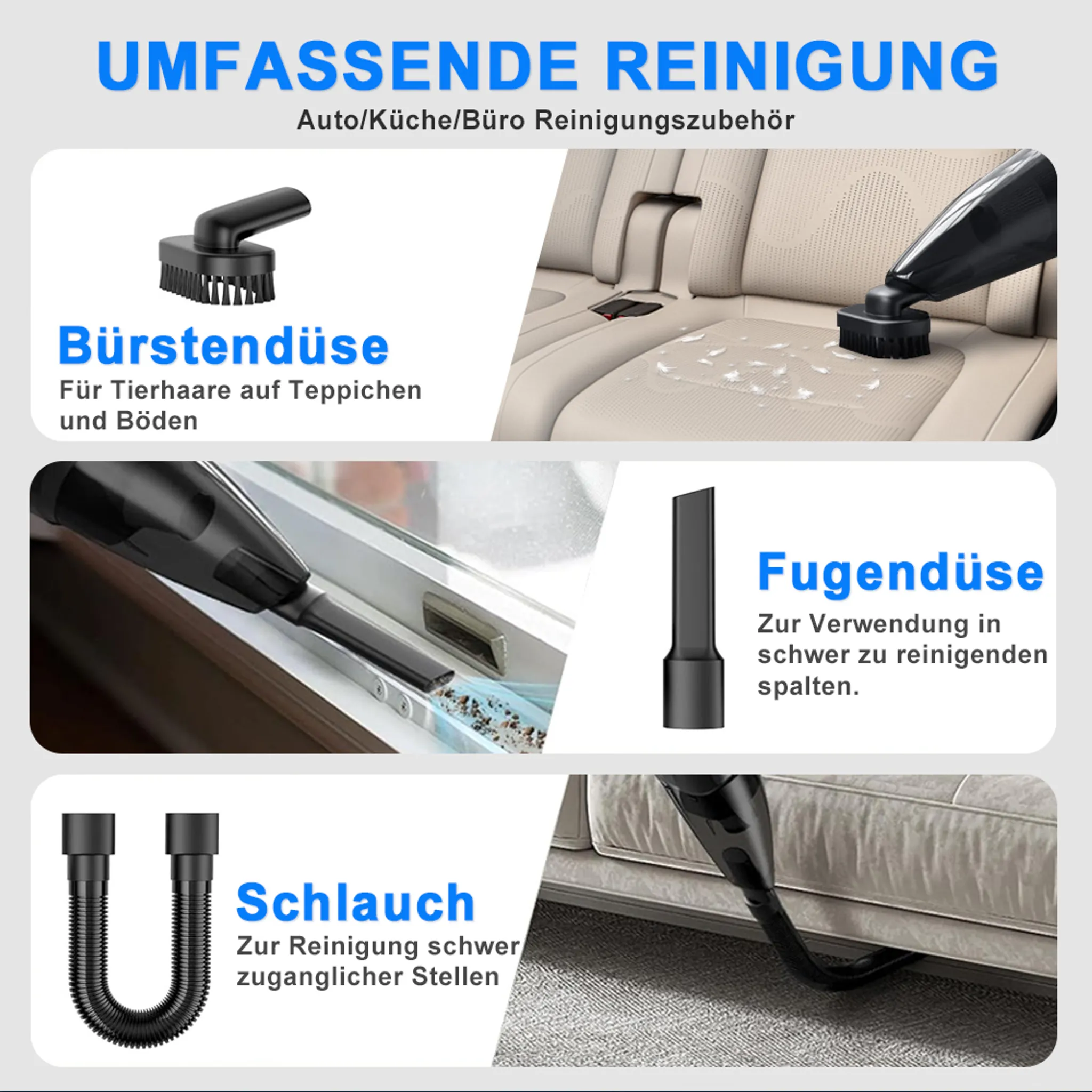 Das Bild zeigt Staubsaugeraufsätze: Bürste, Fugendüse und Schlauch. Es zeigt auch die Reinigung eines Autositzes, Fensters und Sofas.