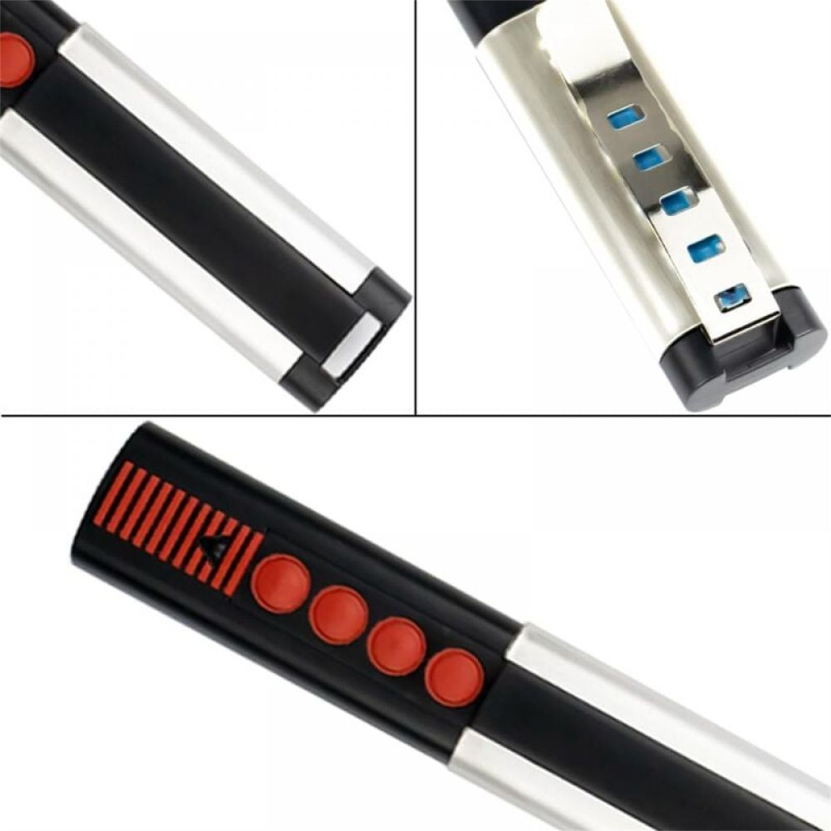 Nahaufnahme eines metallischen Objekts mit schwarzen und silbernen Teilen. Es hat rote Knöpfe und einen Clip mit blauen Details. Ein futuristisches Design.