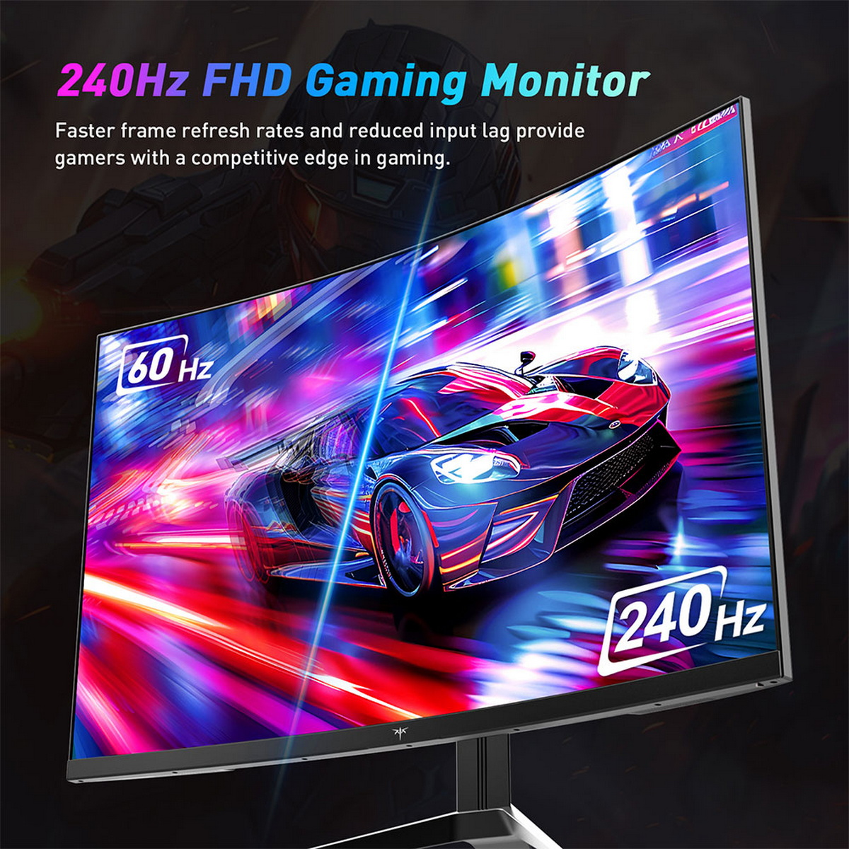 Ein gebogener Gaming-Monitor zeigt ein Rennwagen mit Geschwindigkeitslinien. Text lautet 240Hz und 60Hz. Der Hintergrund ist dunkel mit einem Gamer-Bild.