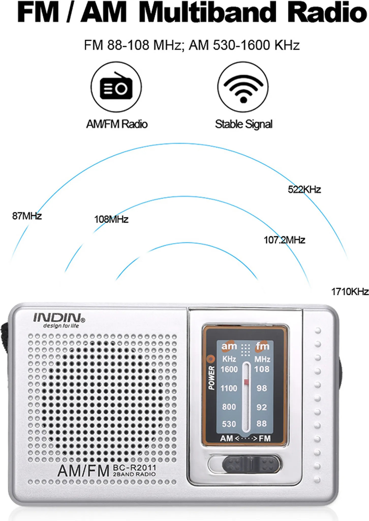Silbernes FM/AM-Radio mit Frequenzanzeige. Text enthält 'FM/AM Multiband Radio' und 'Stable Signal'.