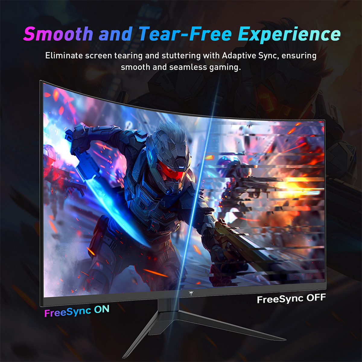 Gebogener Monitor, der eine Spielszene anzeigt. Der Text lautet 'Smooth and Tear-Free Experience'. FreeSync ON und OFF werden ebenfalls angezeigt.