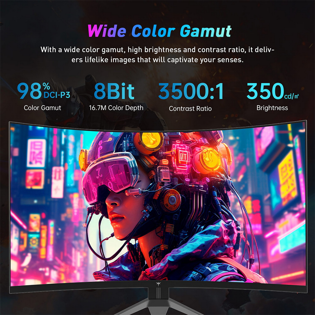 Ein gekrümmter Monitor zeigt eine futuristische Frau in einer Cyberpunk-Umgebung. Text hebt Farbraum, Kontrast und Helligkeit hervor.