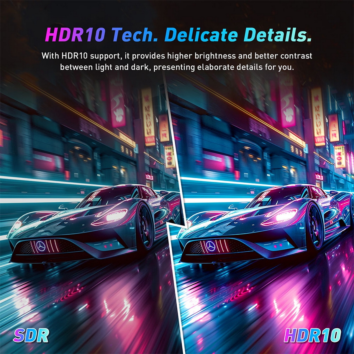 Bild vergleicht SDR- und HDR10-Technologie. Zwei futuristische Autos in Neon-Stadt. HDR10 bietet besseren Kontrast und Helligkeit.