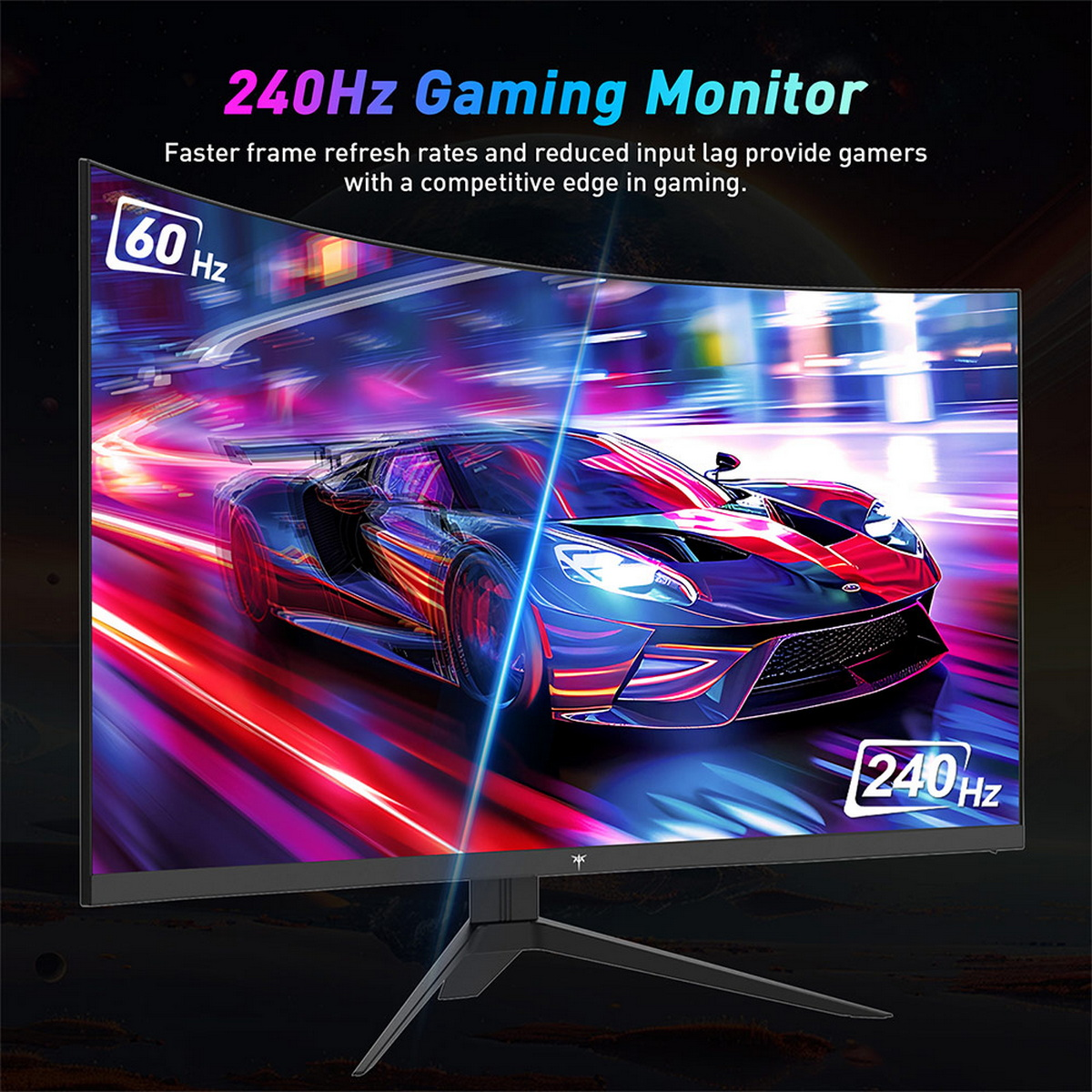 Ein gebogener Gaming-Monitor zeigt ein Rennauto auf einer Rennstrecke. Text zeigt 240Hz Bildwiederholfrequenz und 60Hz, mit einem Gaming-Monitor-Titel.