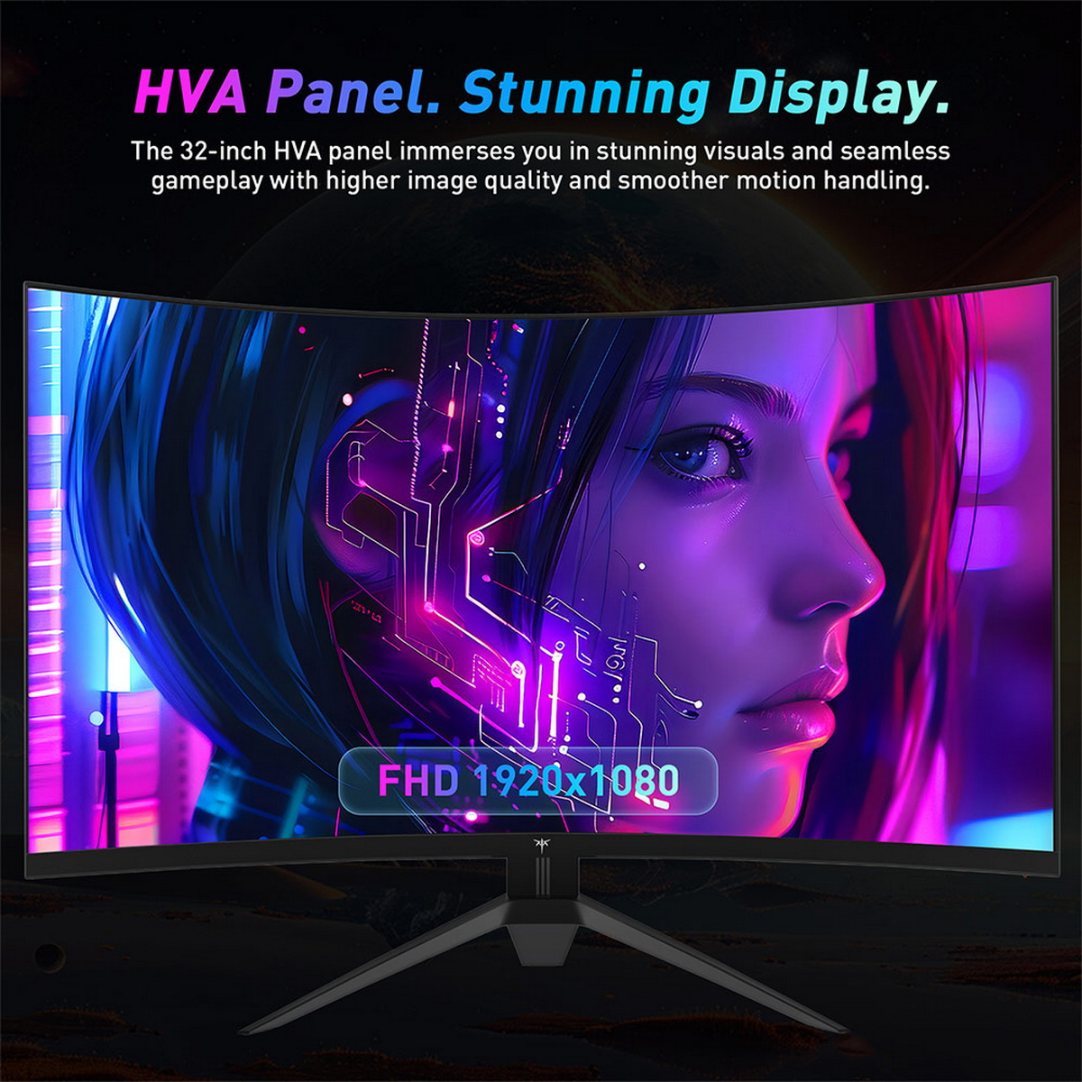 Gebogener Monitor zeigt ein Frauenporträt mit Neon-Schaltkreisen. Text: HVA-Panel, FHD 1920x1080. Schwarzer Ständer.