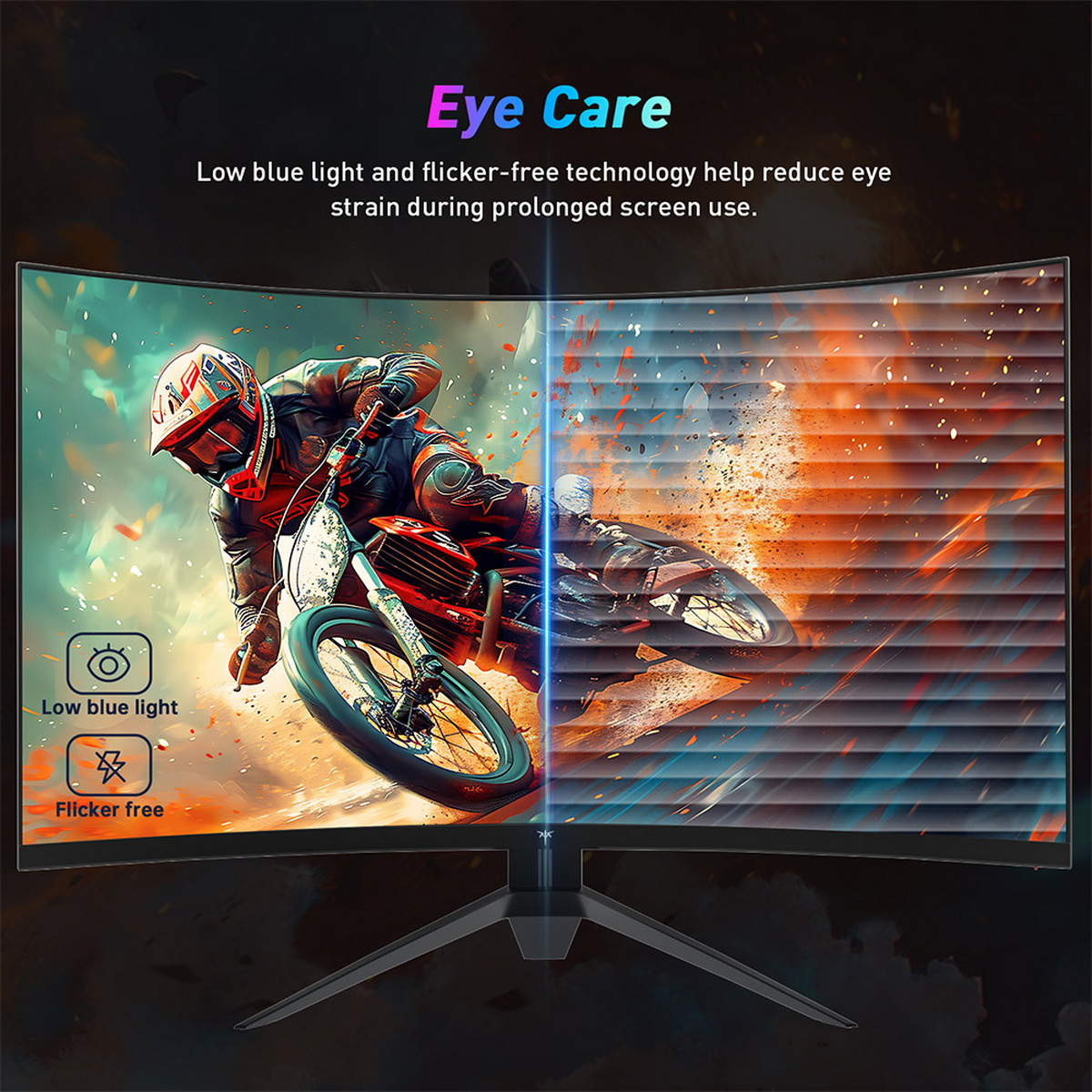 Ein geschwungener Monitor zeigt einen Motocross-Rennfahrer. Text wirbt für Augenpflege mit wenig Blaulicht und flimmerfreier Technologie.