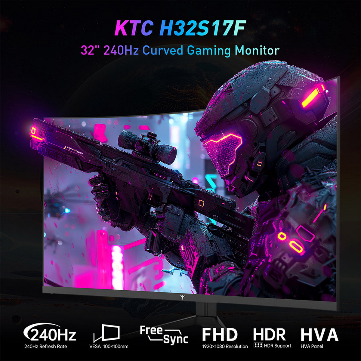 Ein gekrümmter Gaming-Monitor zeigt einen futuristischen Soldaten, der eine Waffe zielt. Der Bildschirm zeigt eine Sci-Fi-Szene mit lila und Neon-Akzenten.