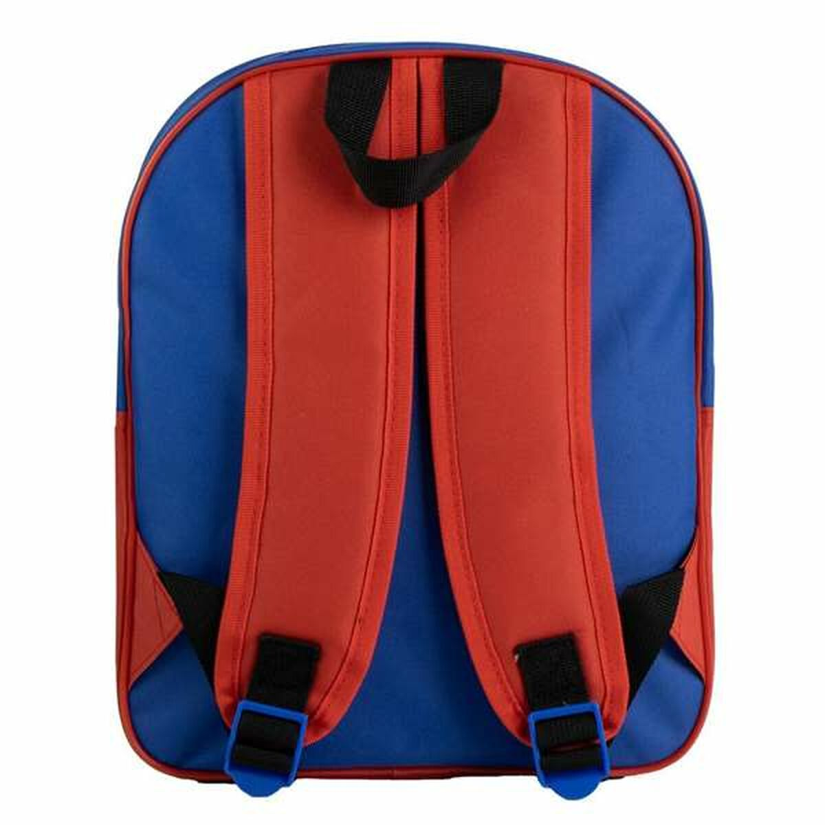 Rucksack, blauer Körper mit roten Trägern. Schwarzer Griff und Schnallen. Blaue Schnallen unten. Rotes und blaues Farbschema.