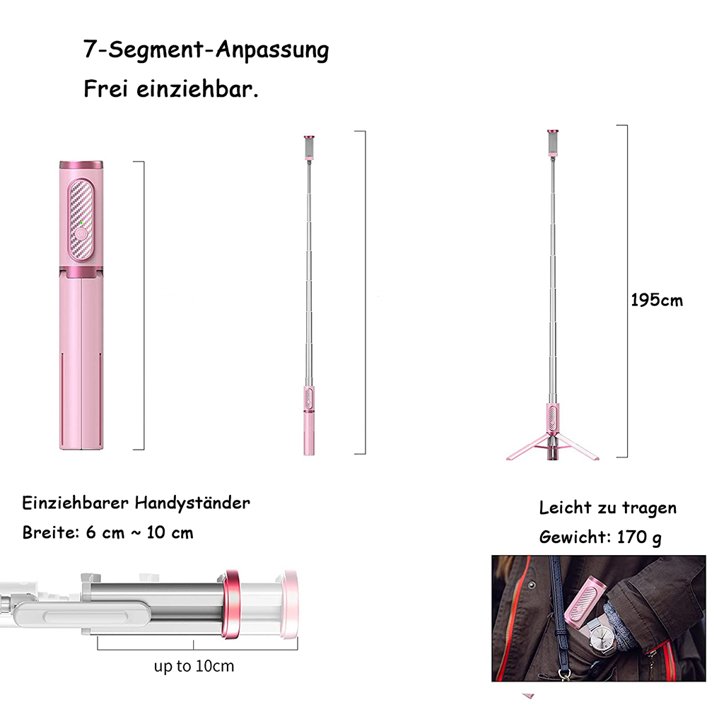Ein rosa ausziehbarer Telefonhalter und ein Stativ sind abgebildet. Das Bild enthält auch Text mit Größen- und Gewichtsangaben.