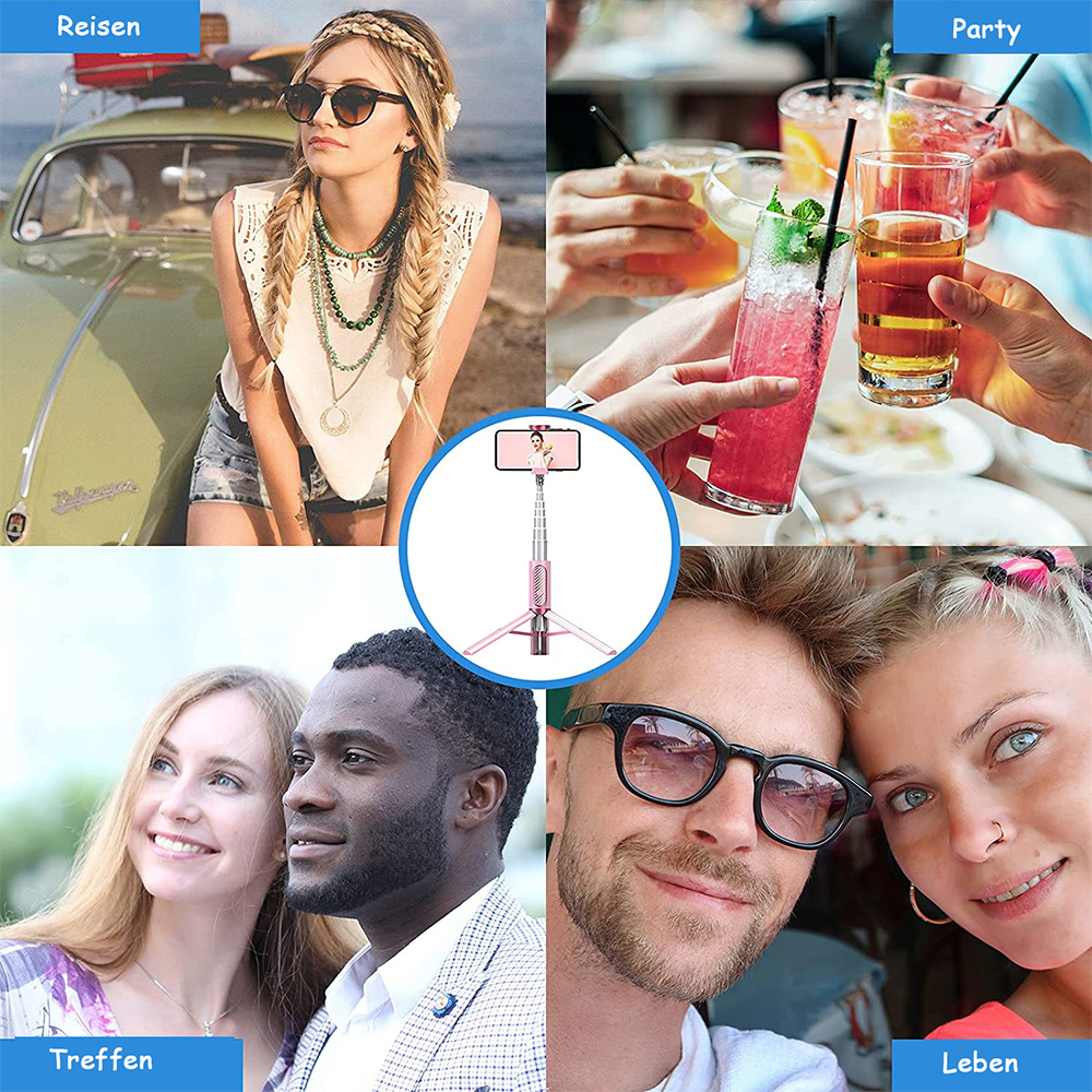 Collage mit Bildern einer Frau in der Nähe eines Autos, Menschen mit Getränken, einem Paar und einem Paar, das ein Selfie macht.