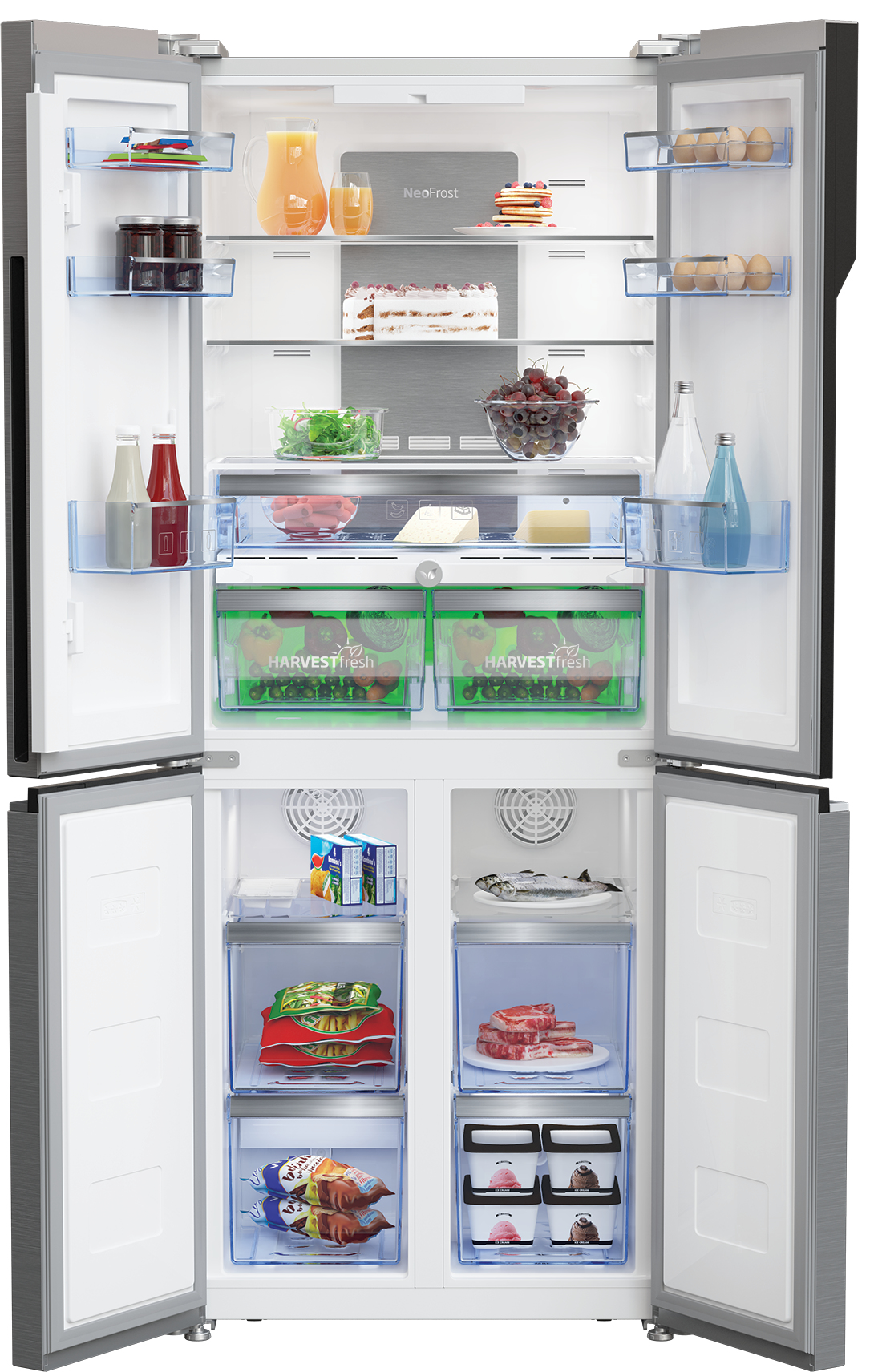 Un frigorífico con las puertas abiertas. En el interior hay frutas, bebidas, verduras, huevos y alimentos congelados. Las puertas son plateadas con interiores blancos.
