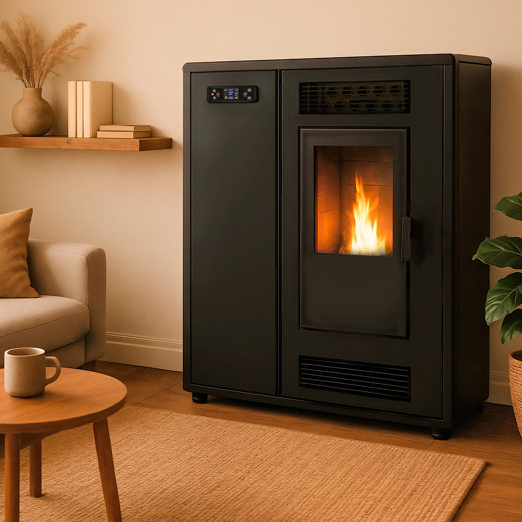 Ein schwarzer Kamin mit Feuer darin. Davor stehen ein Couchtisch, eine Couch und ein Teppich.