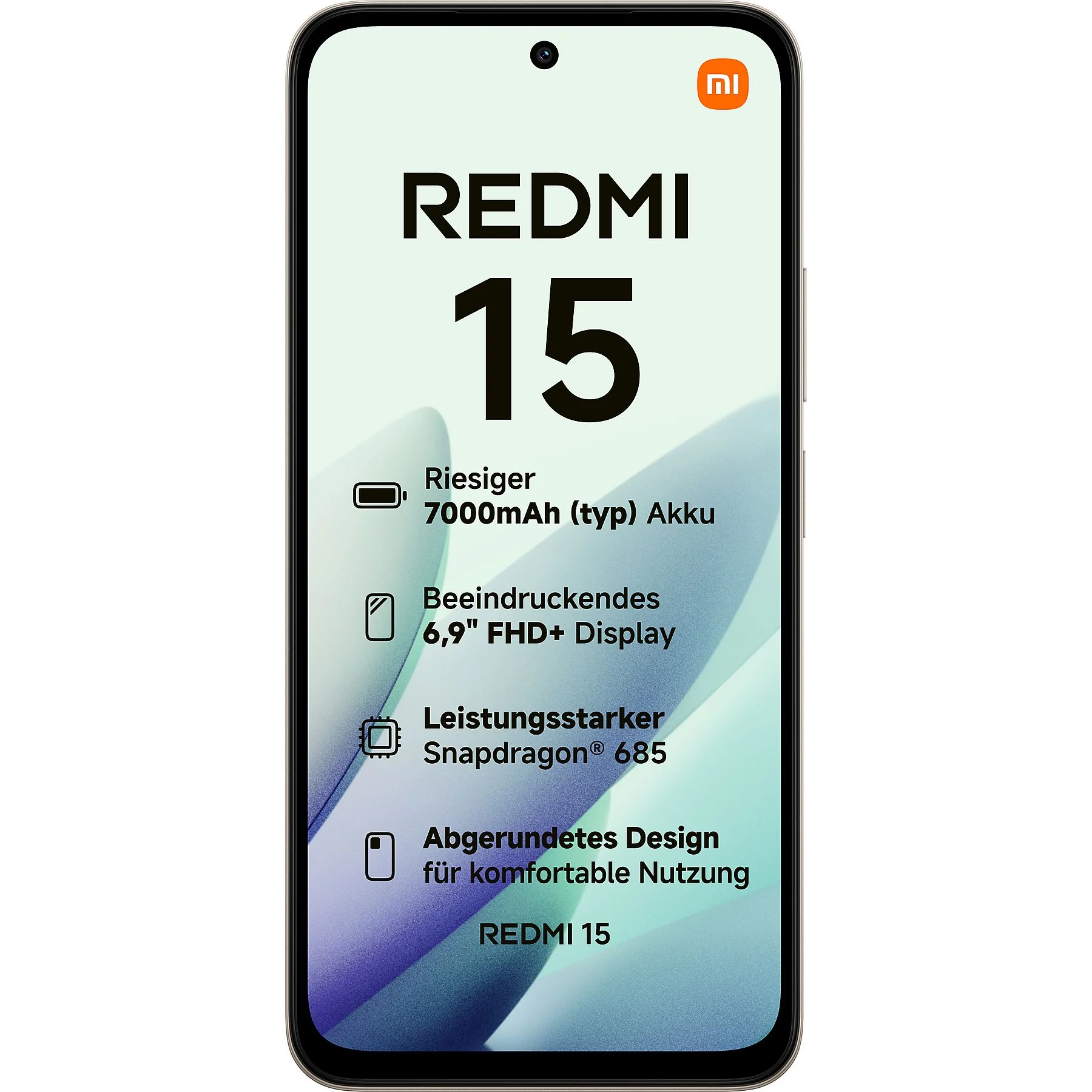 Ein Smartphone-Bildschirm zeigt 'REDMI 15'. Merkmale sind ein großer Akku, Display und Snapdragon-Prozessor.