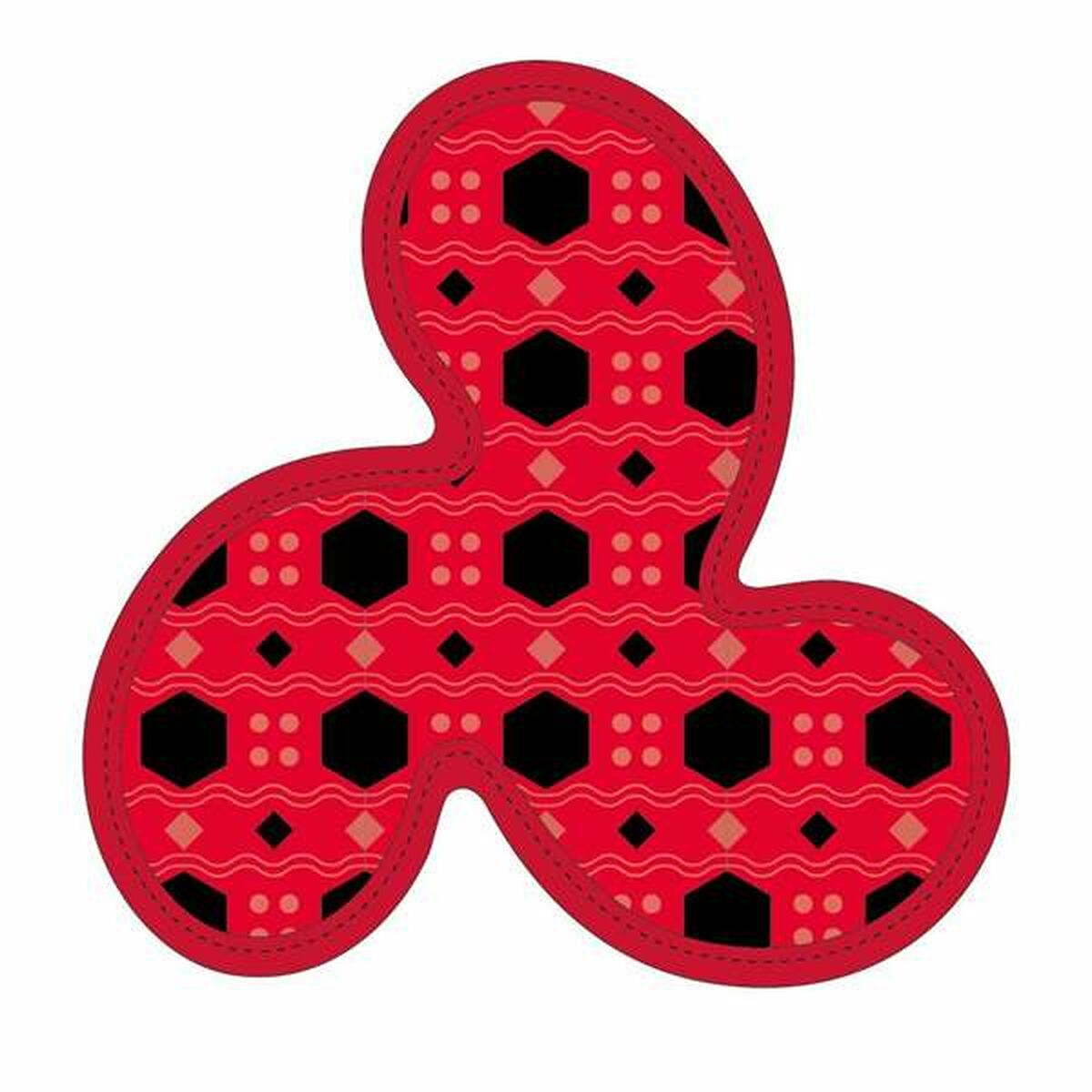Rote Form mit schwarzen Sechsecken, Rauten und Punkten auf rotem Hintergrund. Ein dunklerer roter Umriss mit Nahteffekt.
